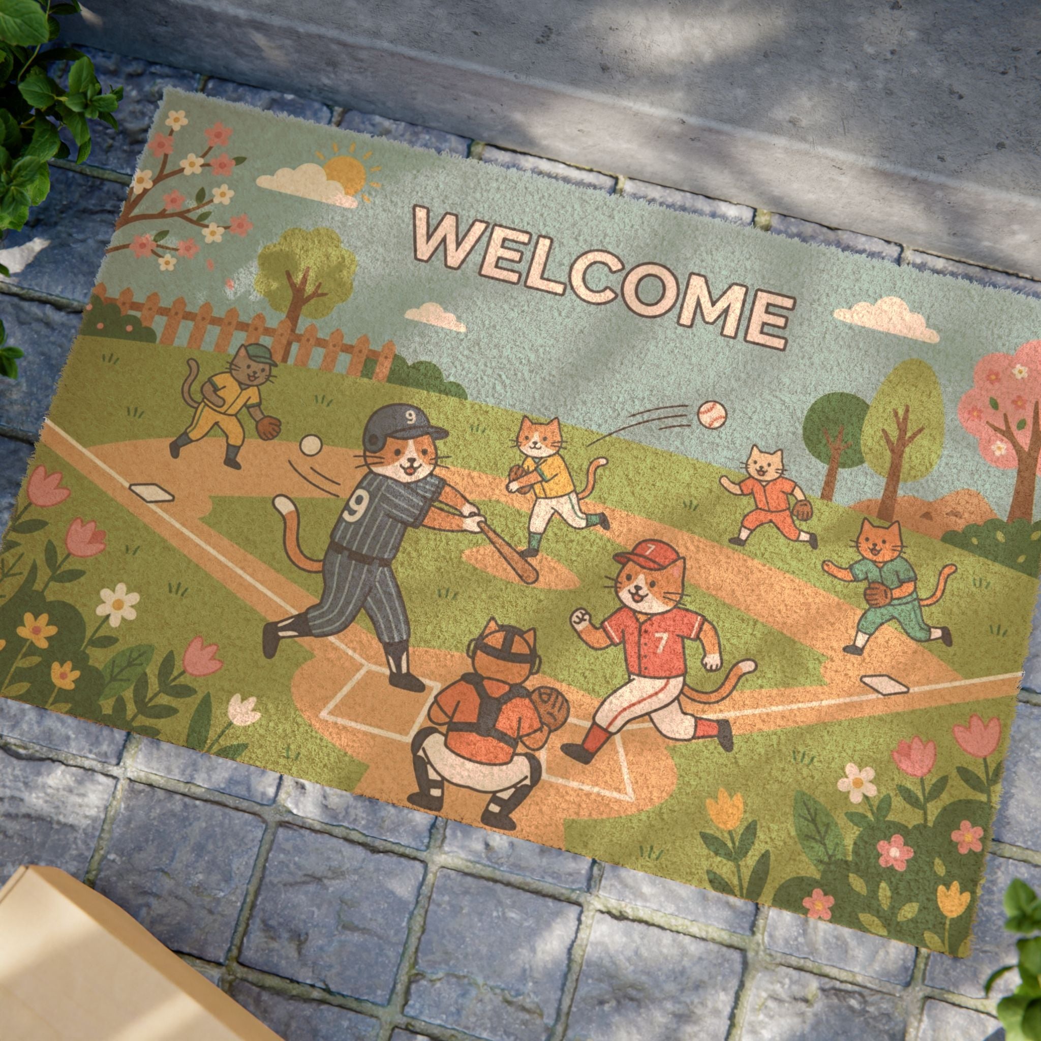 Play Ball! Springtime Cats Welcome Mat