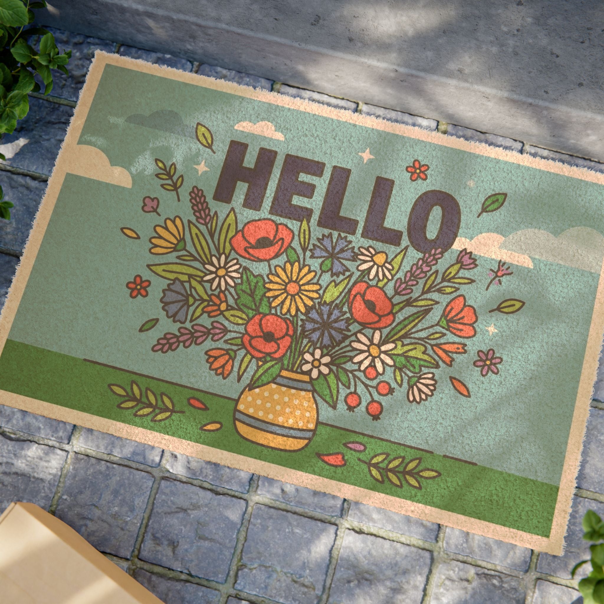 Cheerful Pop Art Wildflowers Hello Doormat