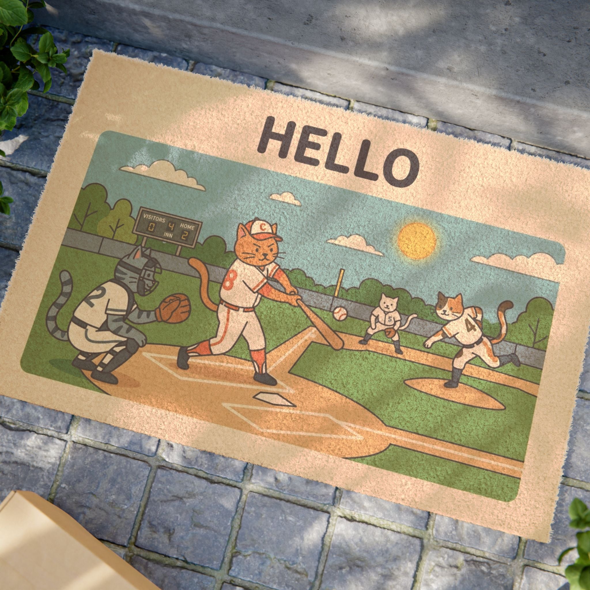 Hello Play Ball Cute Cats Baseball Doormat