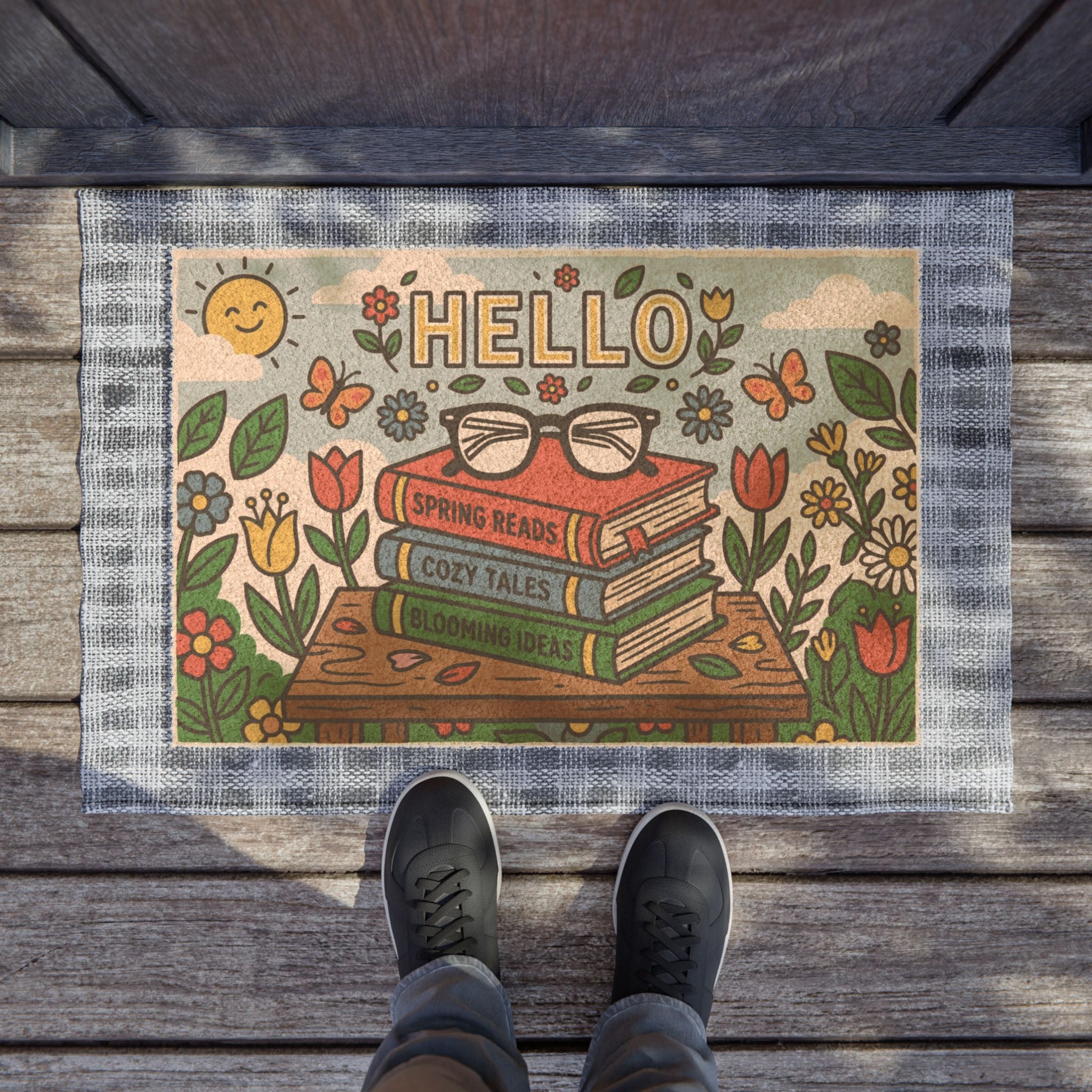 Retro Hello Spring Cozy Bookworm Welcome Sign
