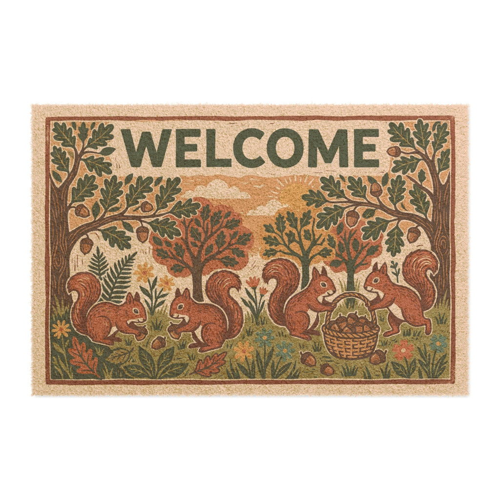 Cozy Linocut Woodland Squirrels Welcome Mat