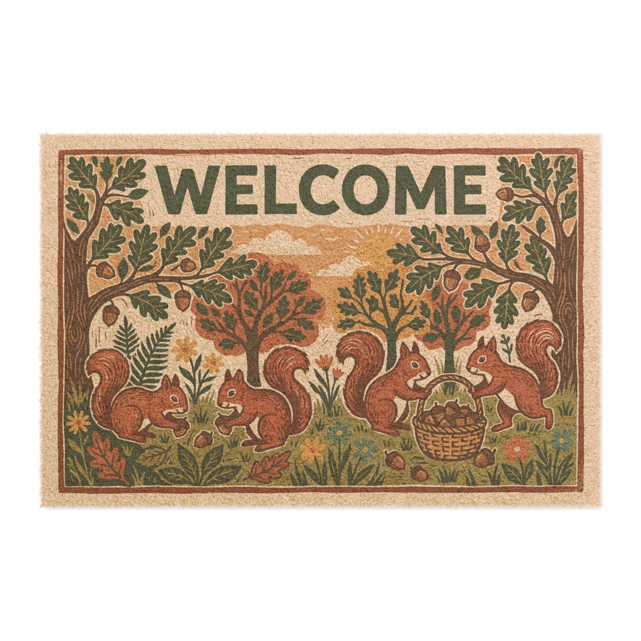 Cozy Linocut Woodland Squirrels Welcome Mat