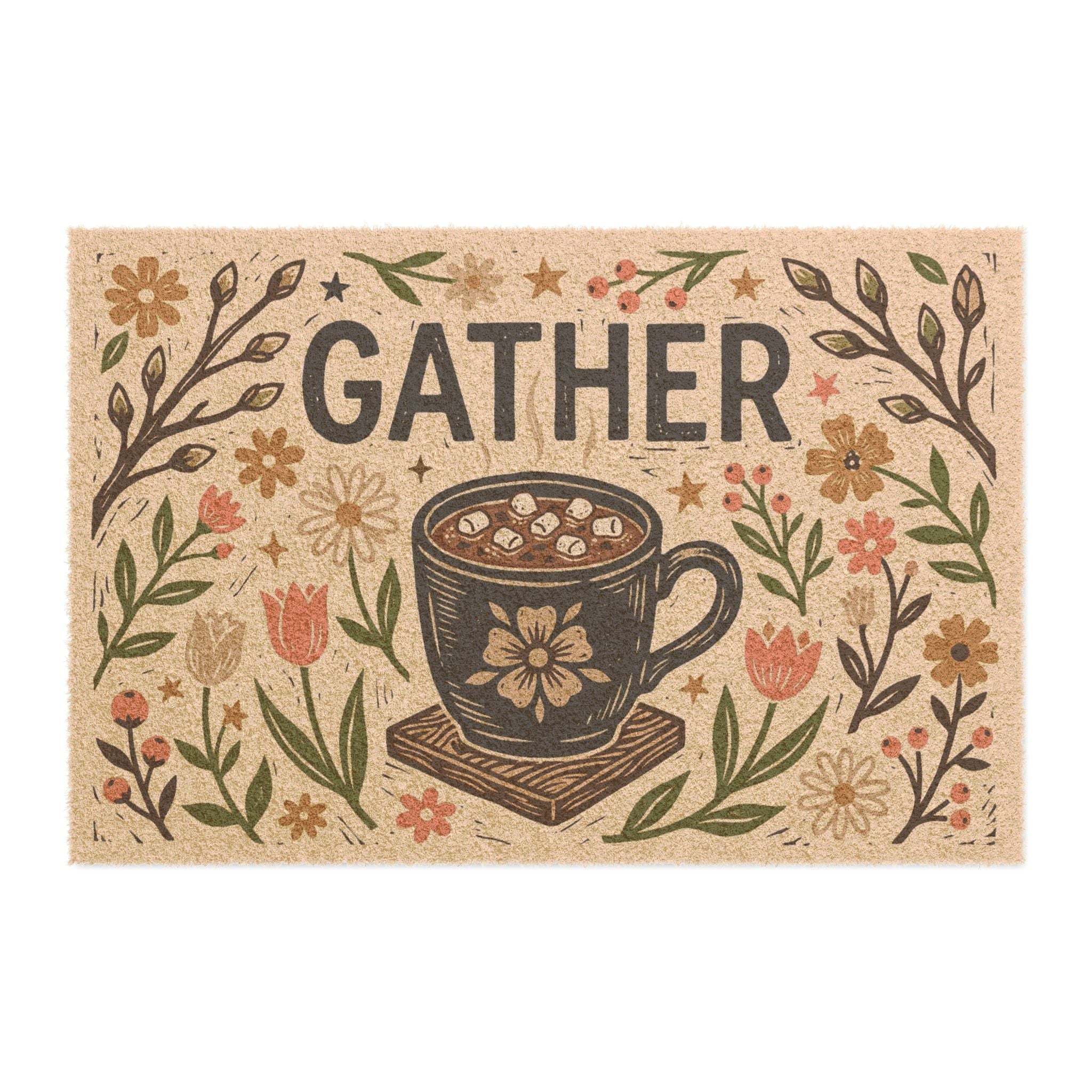 Cozy Linocut Gather Cocoa & Spring Blooms Art