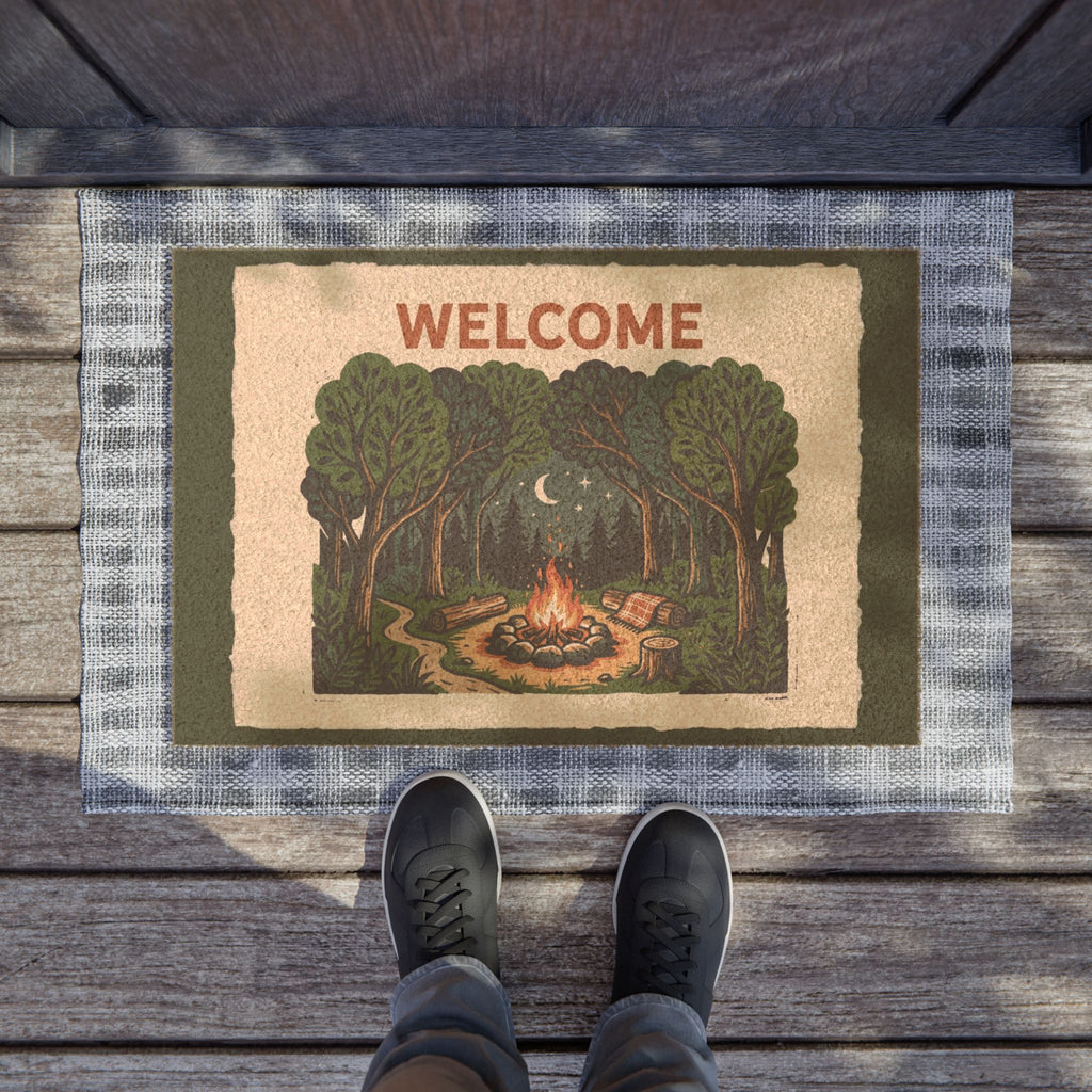 Cozy Forest Campfire Blockprint Welcome Mat