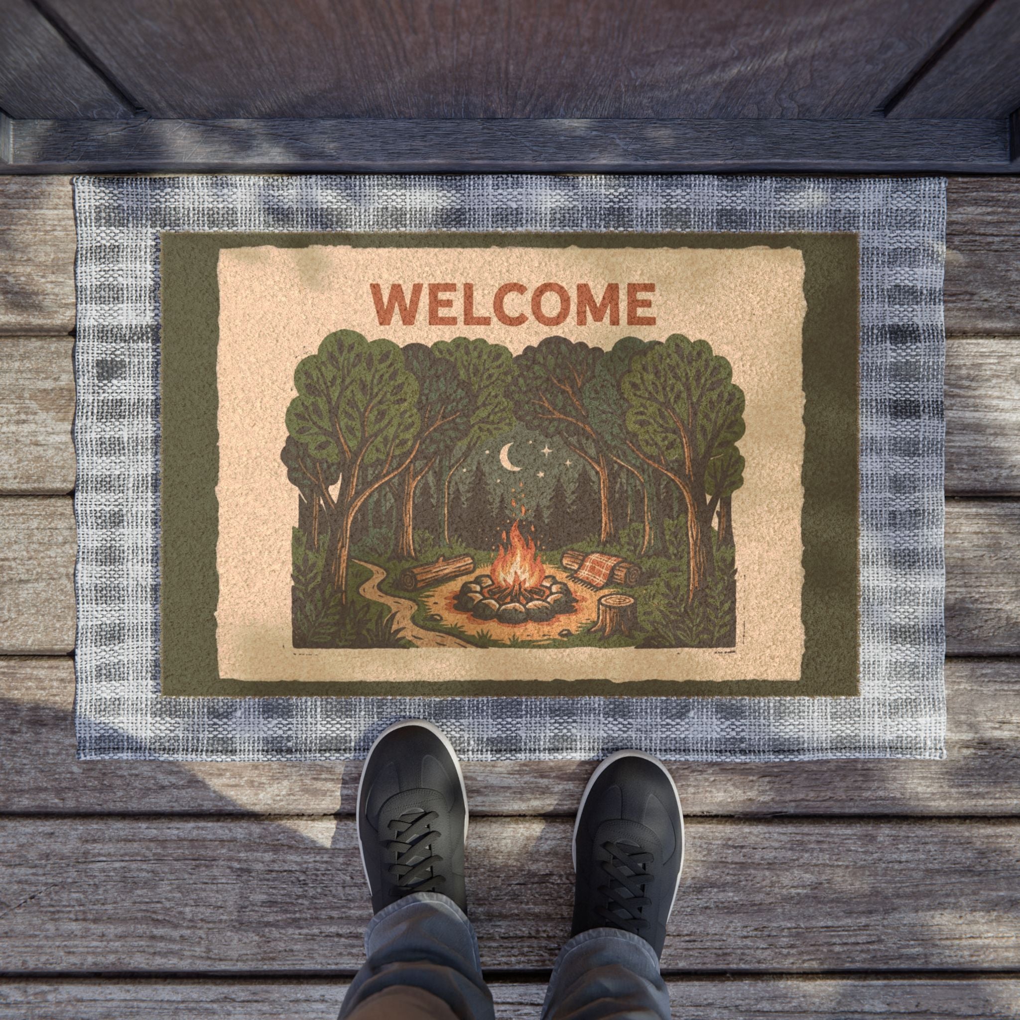 Cozy Forest Campfire Blockprint Welcome Mat