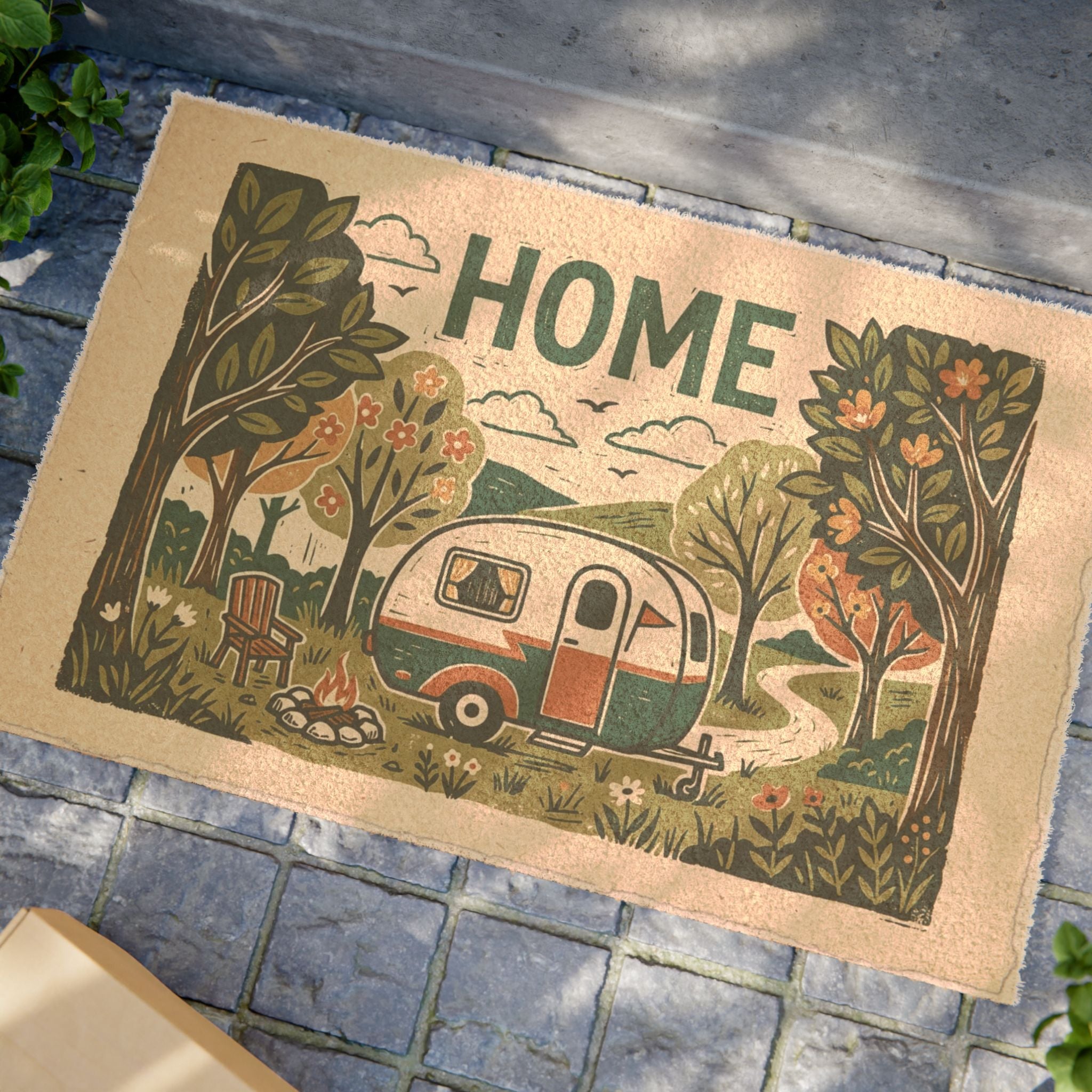 Cozy Retro Camper Forest Home Blockprint