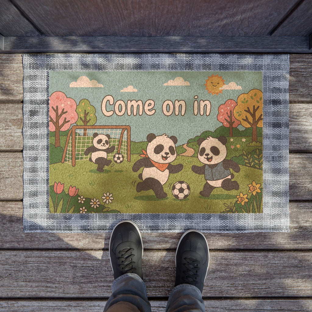 Playful Pandas Spring Soccer Welcome Doormat