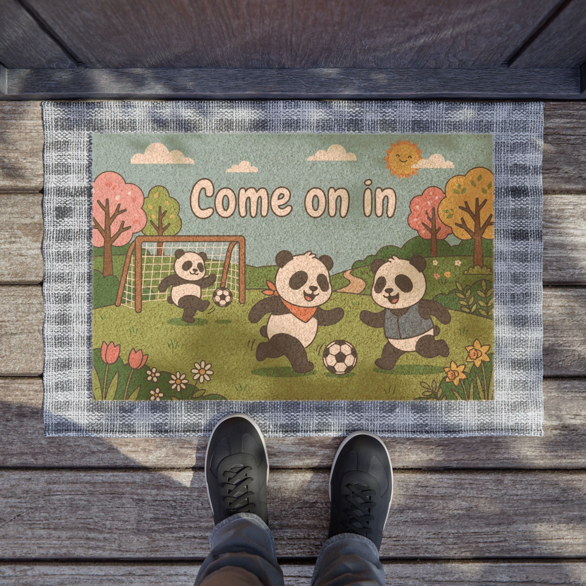 Playful Pandas Spring Soccer Welcome Doormat