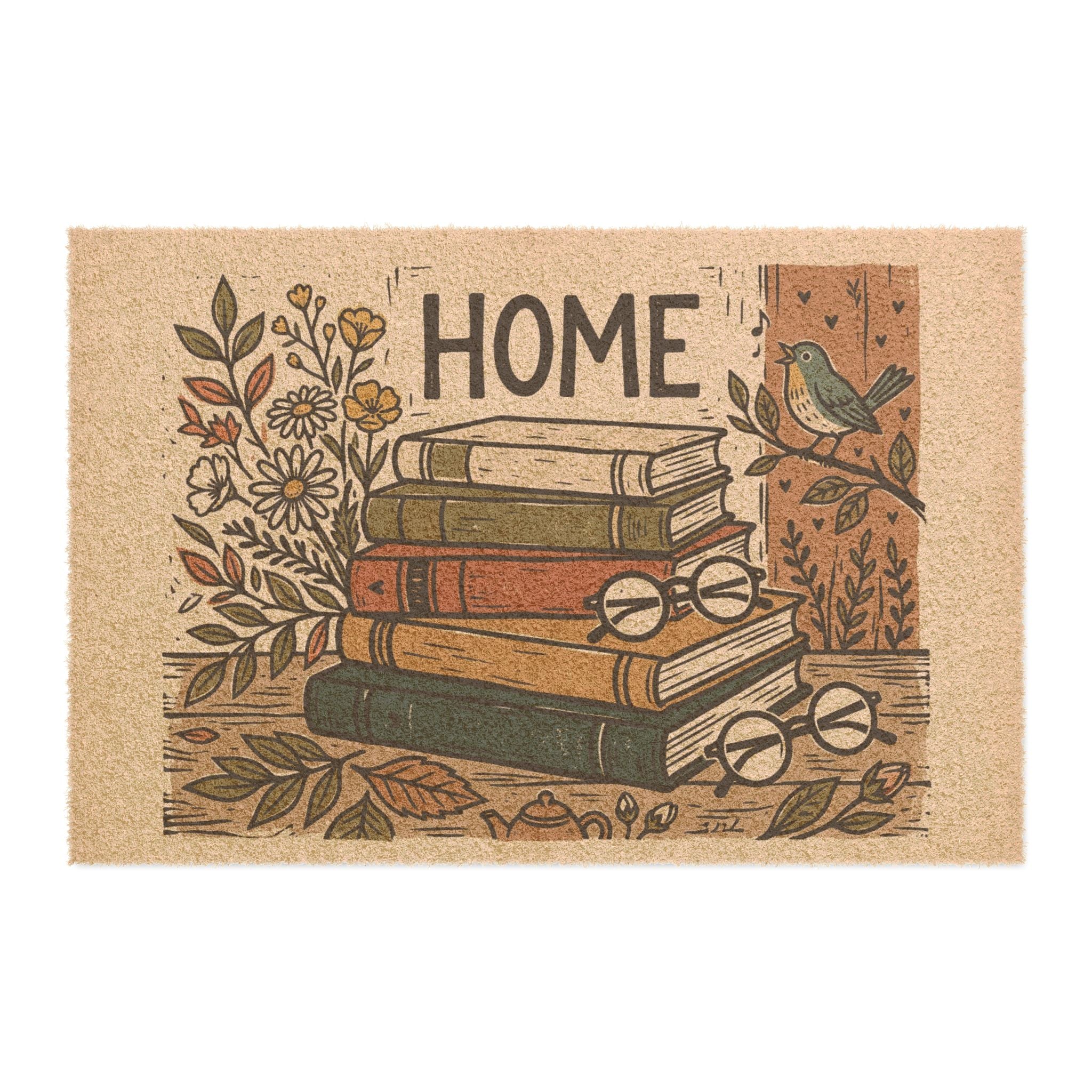 Cozy Bookworm Spring Linocut Home Art
