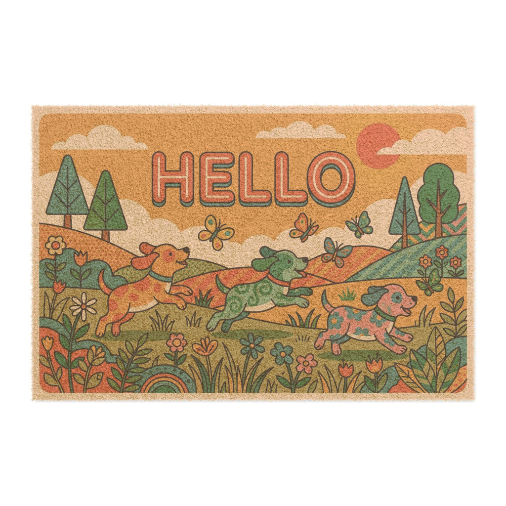 Groovy Retro Hello Sunshine Puppies Doormat