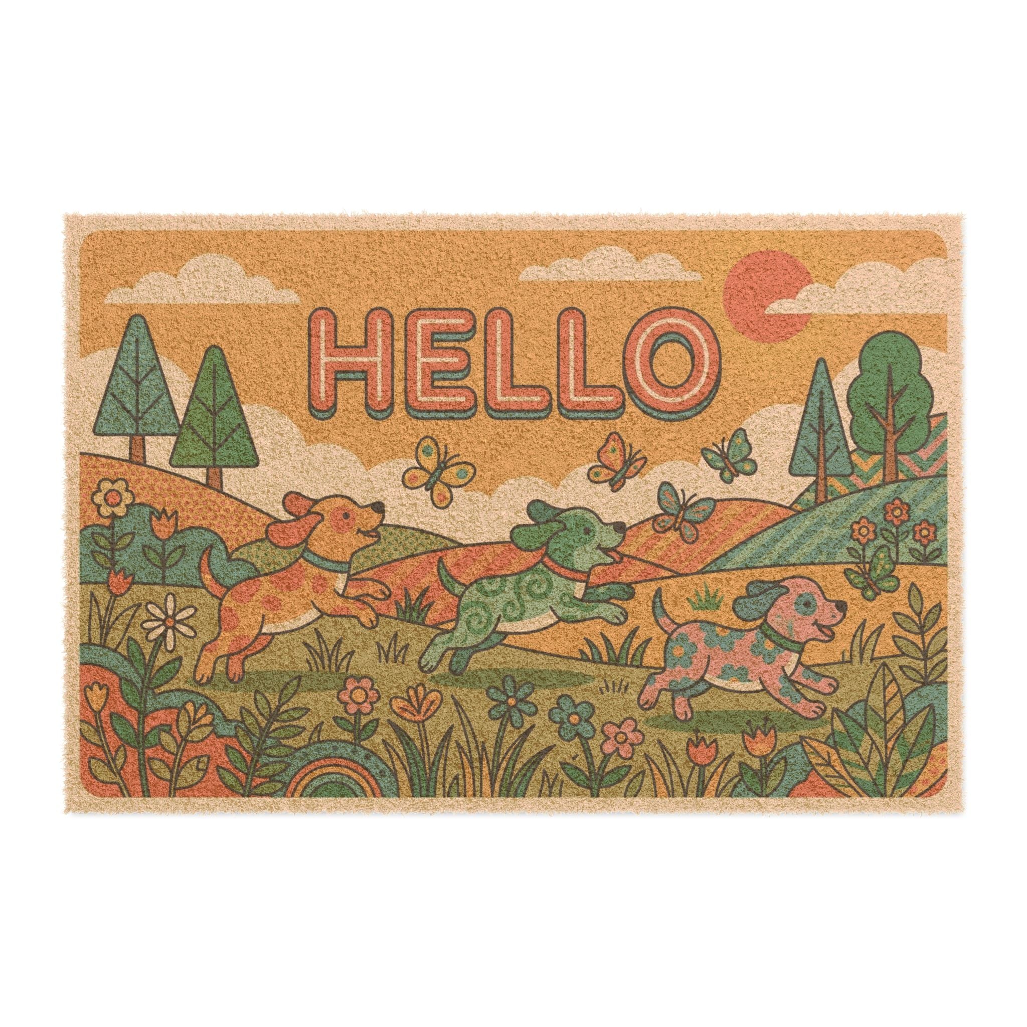 Groovy Retro Hello Sunshine Puppies Doormat