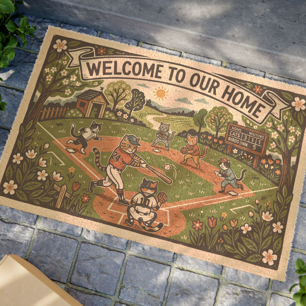 Retro Linocut Baseball Cats Welcome Doormat