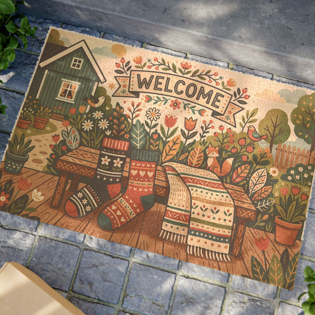 Cozy Nordic Garden Folk Art Welcome Doormat