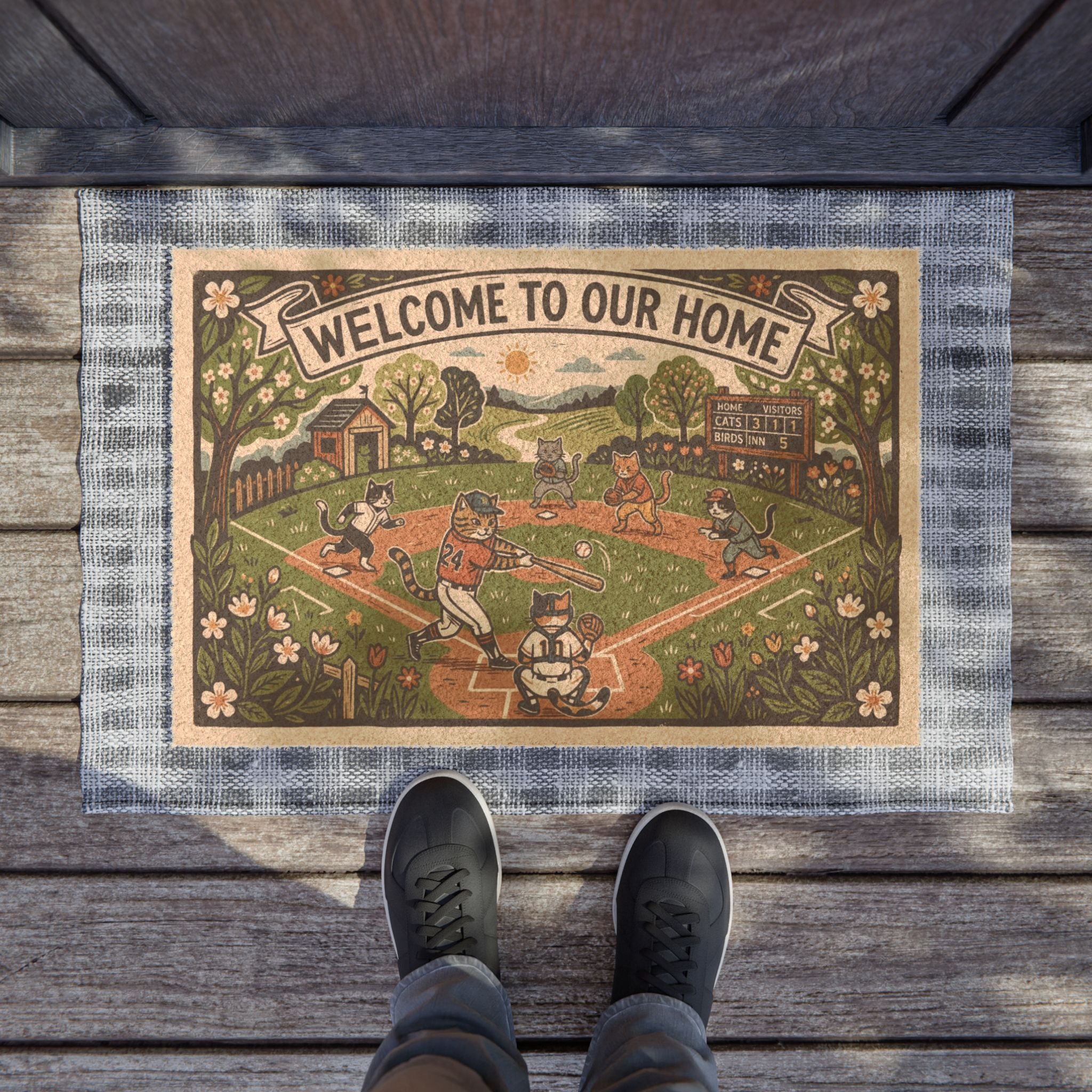 Retro Linocut Baseball Cats Welcome Doormat
