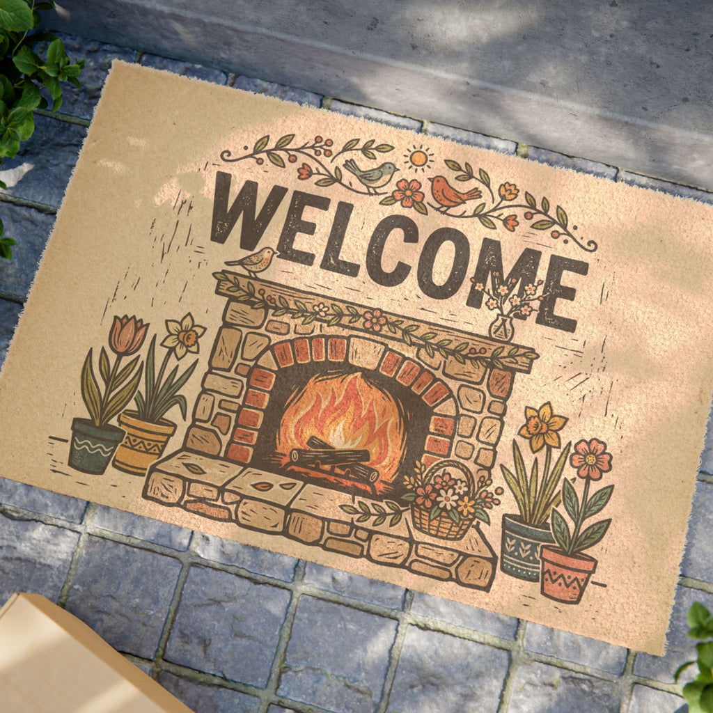 Rustic Spring Hearth Linocut Welcome
