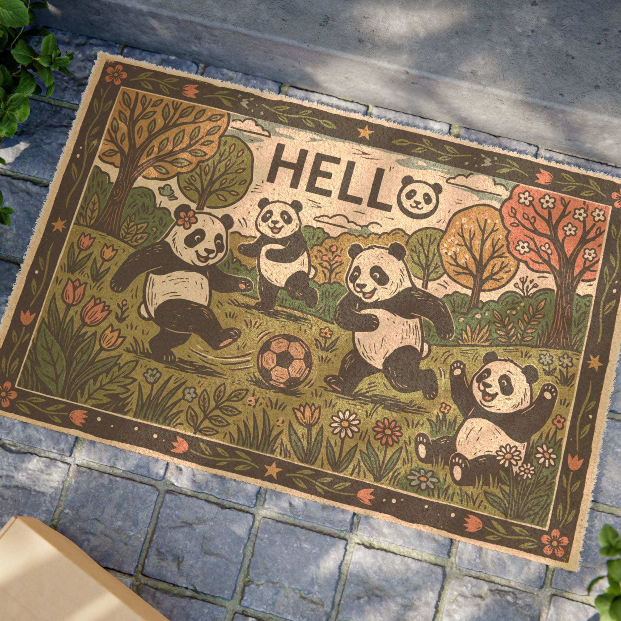 Retro Linocut Spring Pandas Soccer Doormat