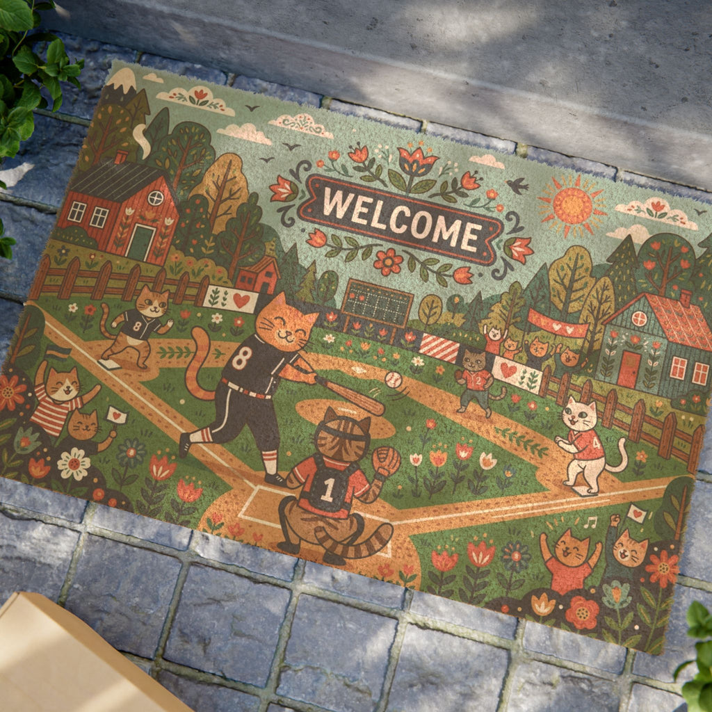 Nordic Folk Art Baseball Cats Welcome Doormat