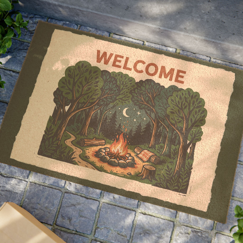 Cozy Forest Campfire Blockprint Welcome Mat