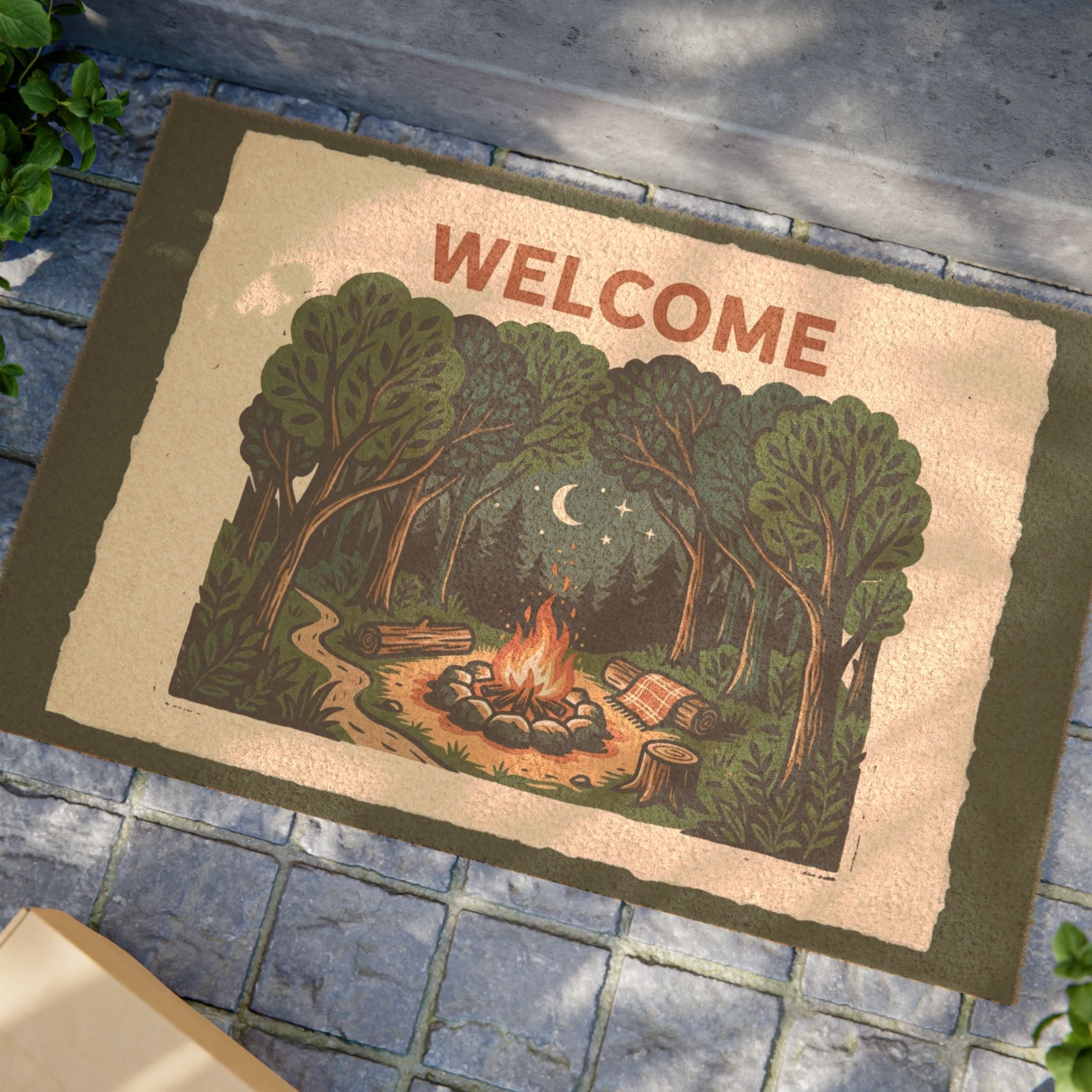 Cozy Forest Campfire Blockprint Welcome Mat