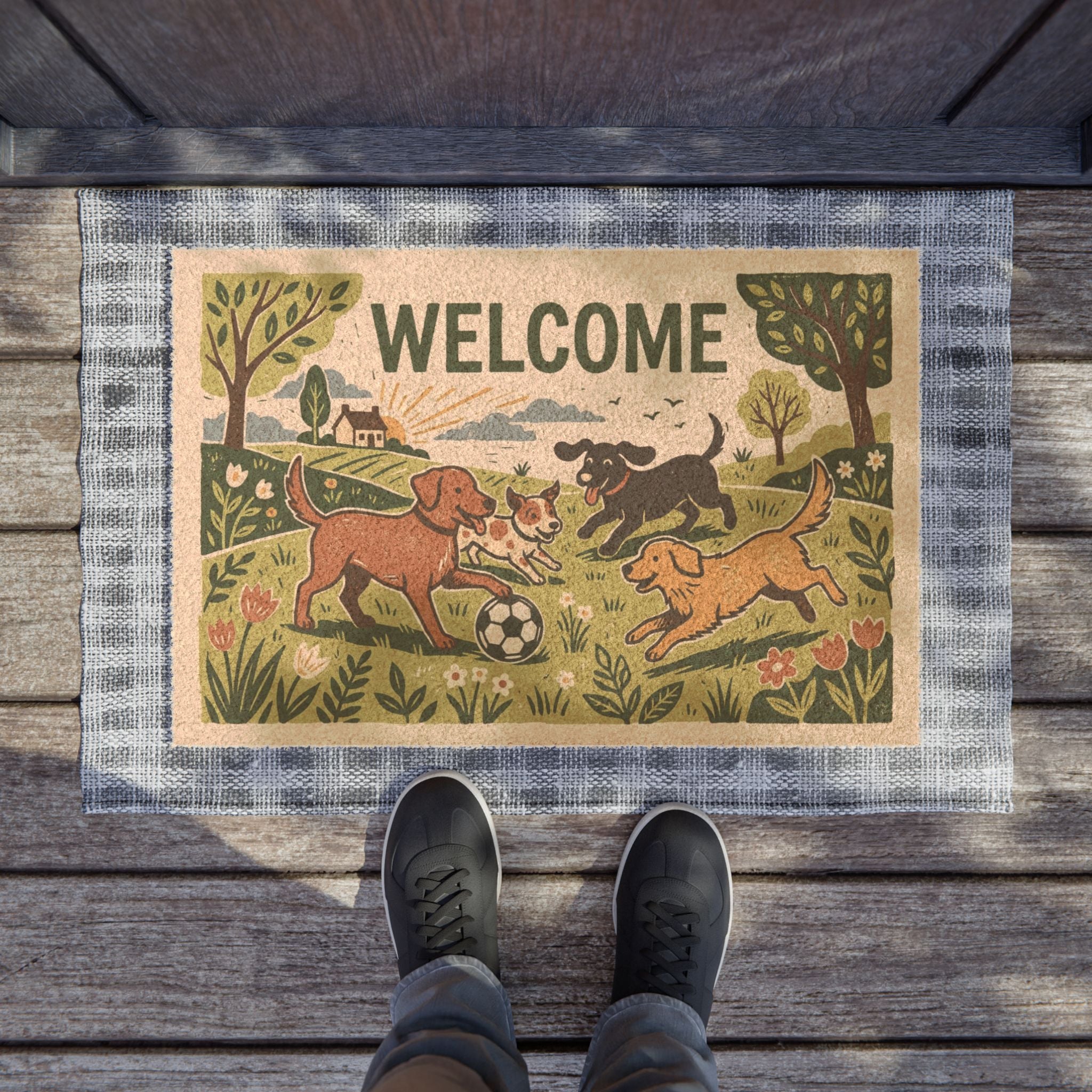 Playful Pups Blockprint Welcome Doormat