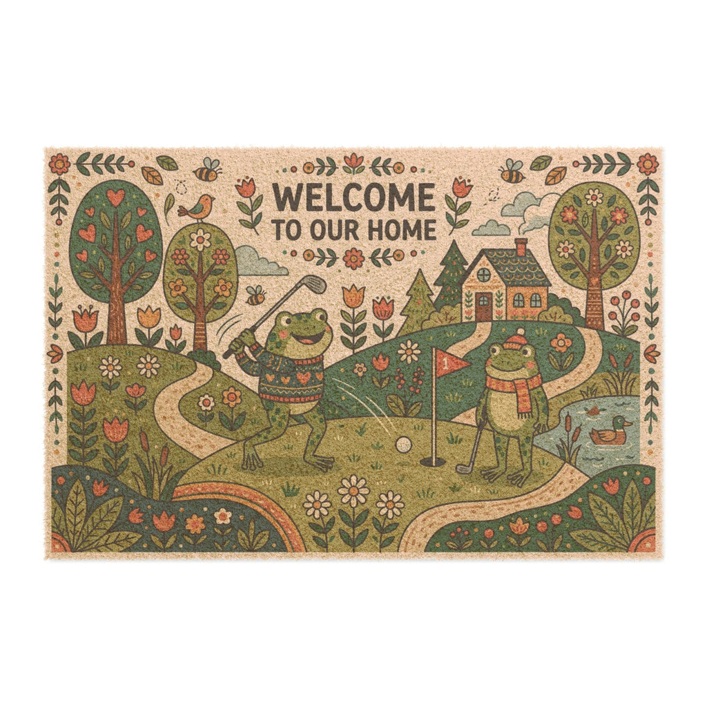 Nordic Folk Art Golfing Frogs Welcome Mat