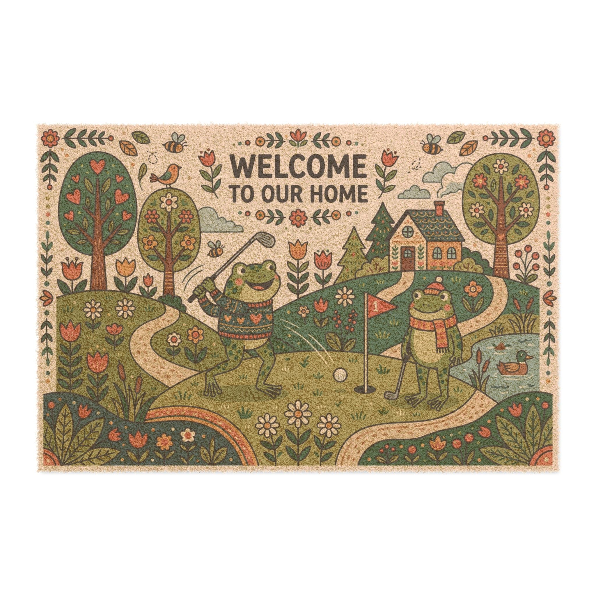 Nordic Folk Art Golfing Frogs Welcome Mat