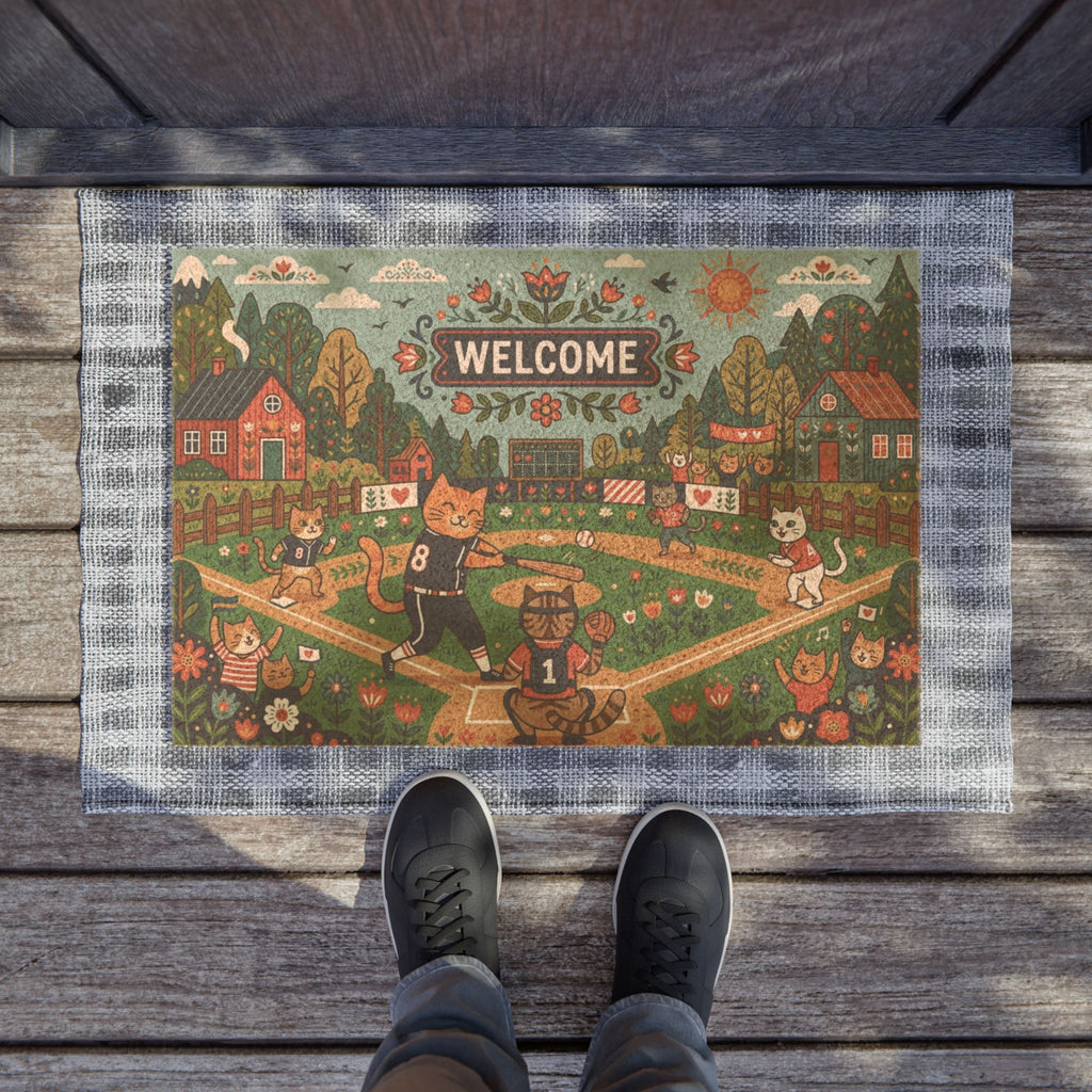 Nordic Folk Art Baseball Cats Welcome Doormat