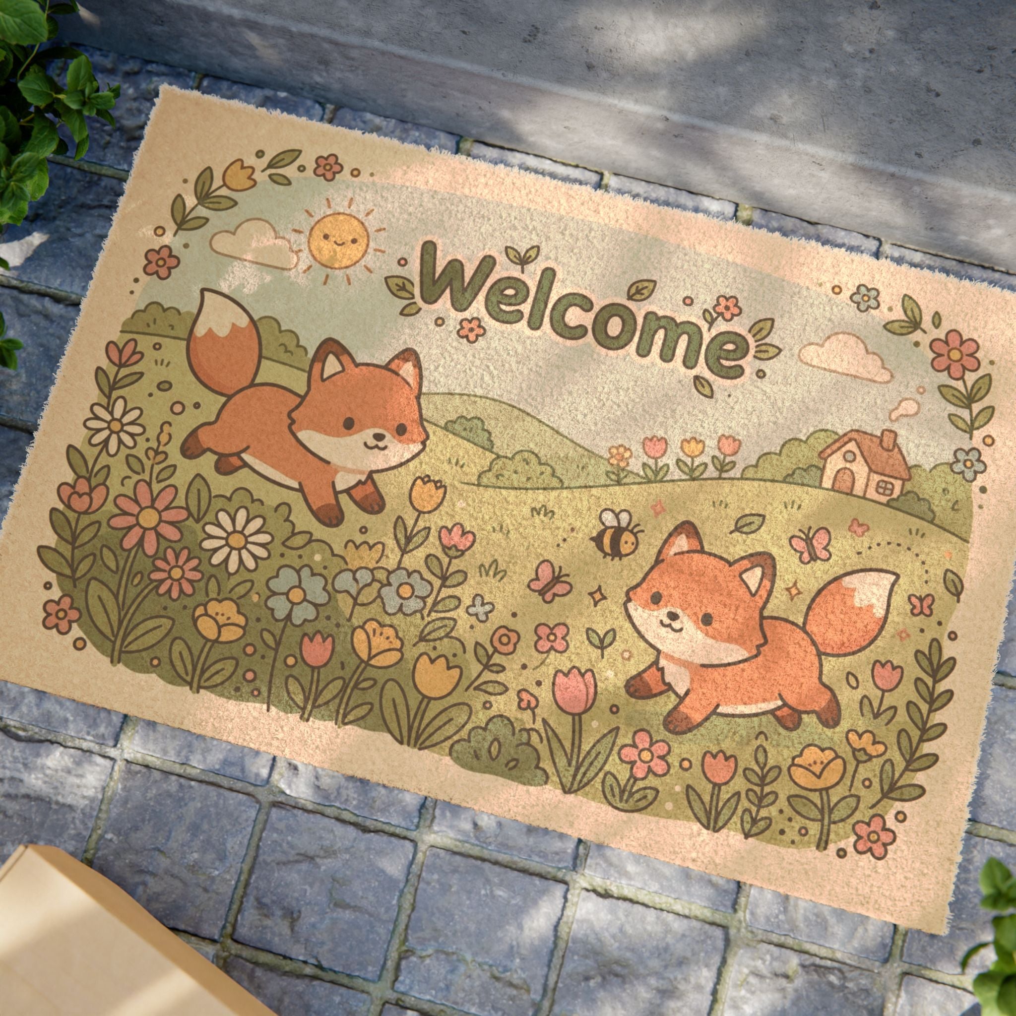 Kawaii Playful Foxes Spring Welcome Doormat