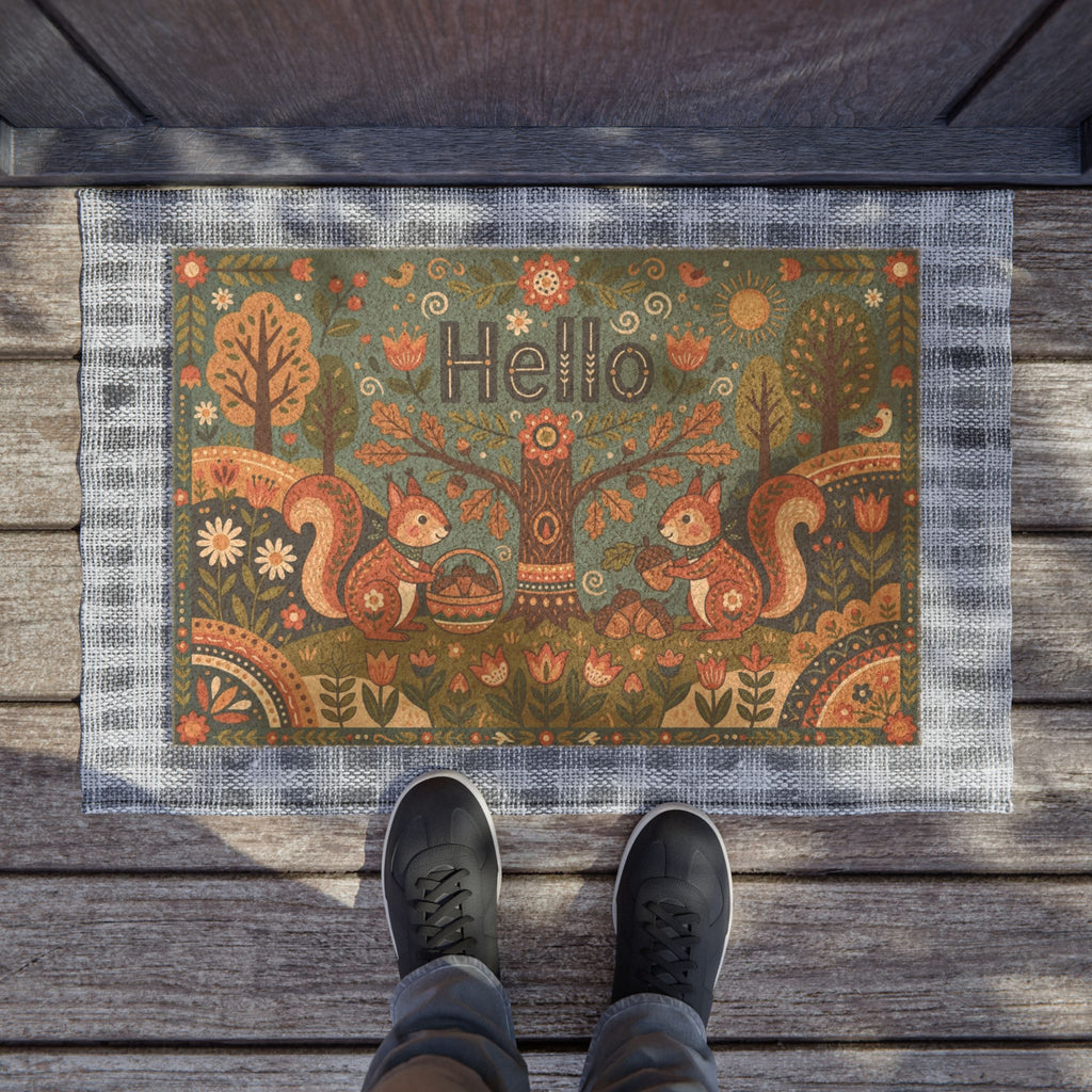 Nordic Folk Squirrels Hello Welcome Doormat