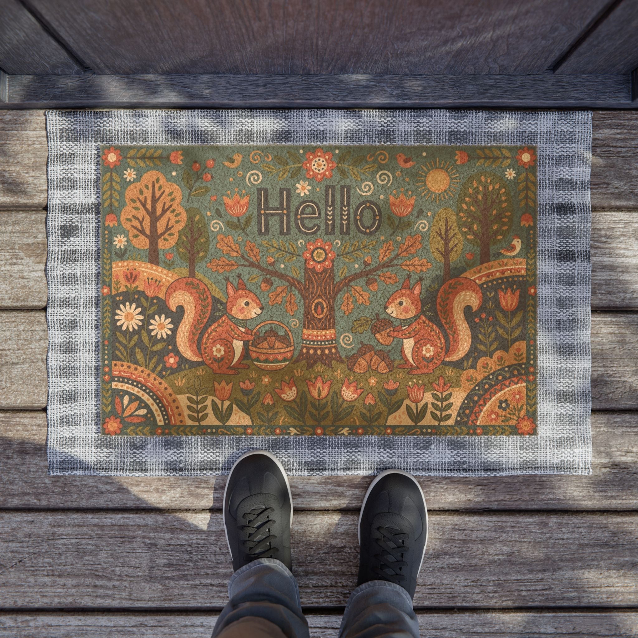 Nordic Folk Squirrels Hello Welcome Doormat