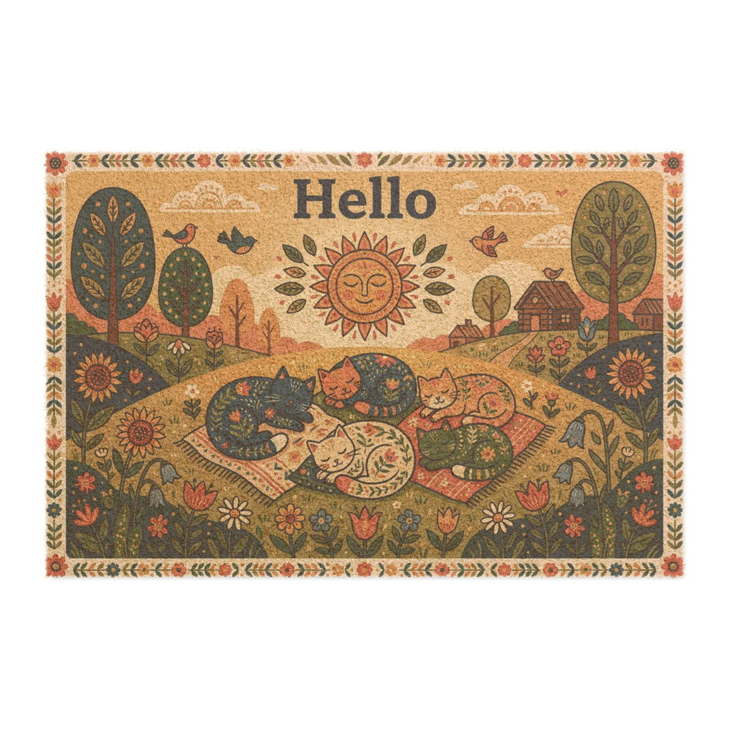 Retro Folk Art Cozy Sleeping Cats Hello Doormat