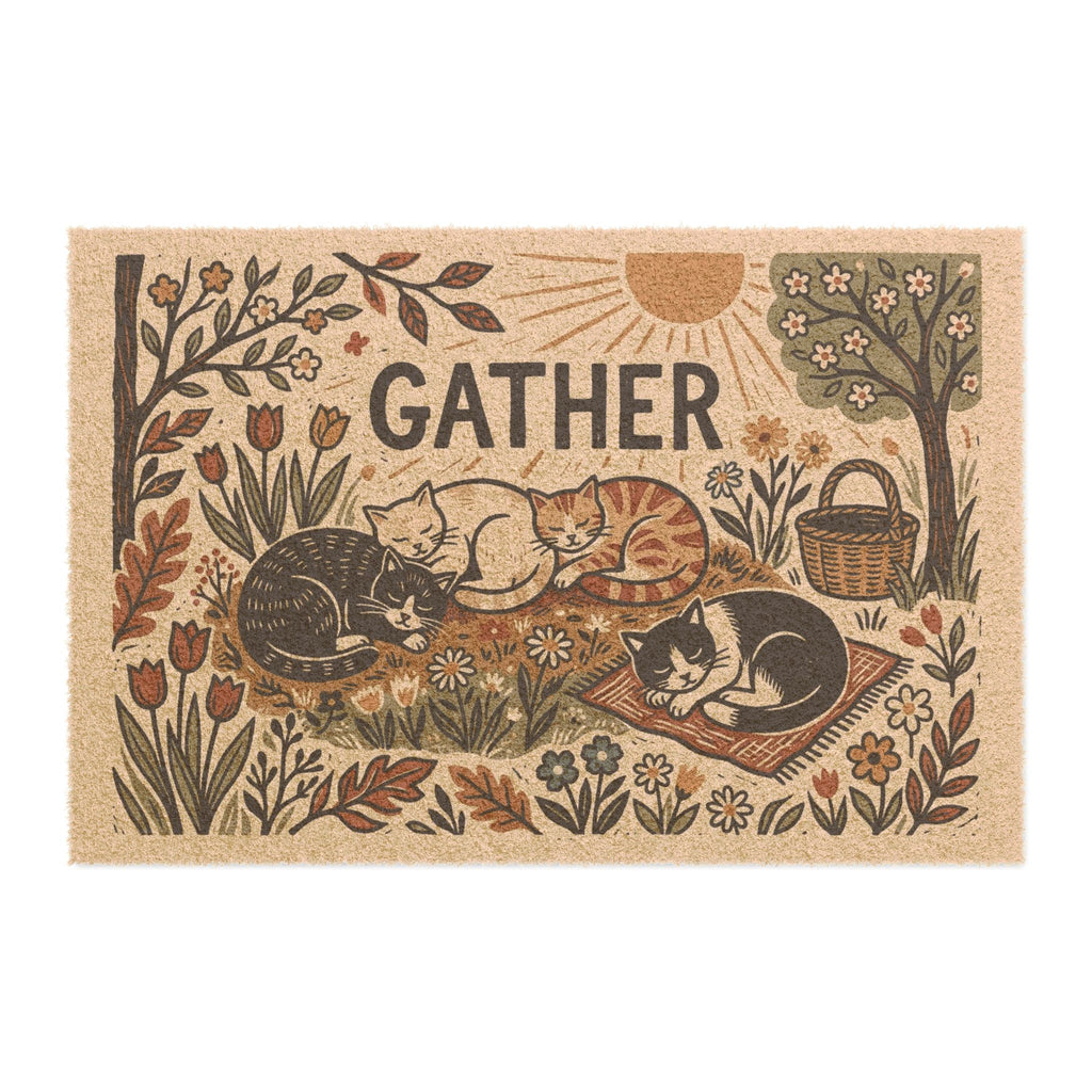 Gather Cozy Spring Cats Linocut Doormat