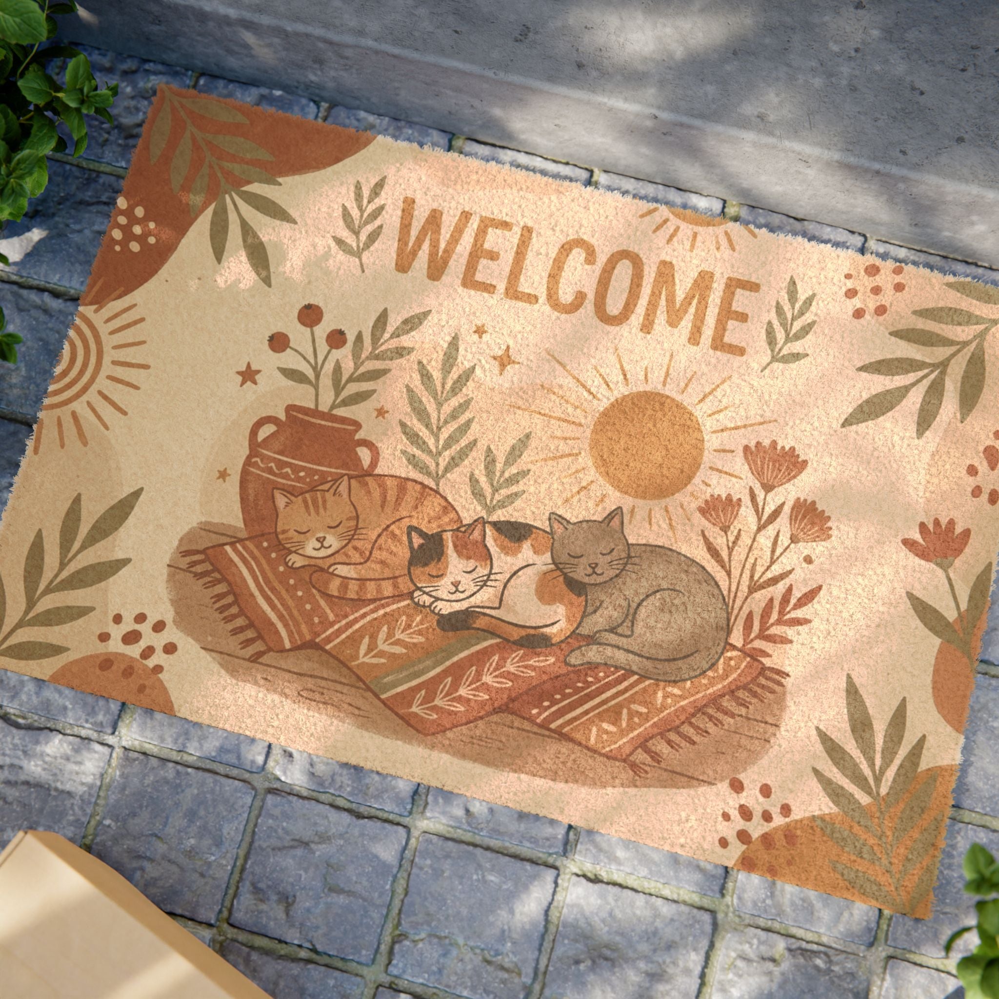 Boho Sun-Drenched Cozy Cats Welcome Doormat
