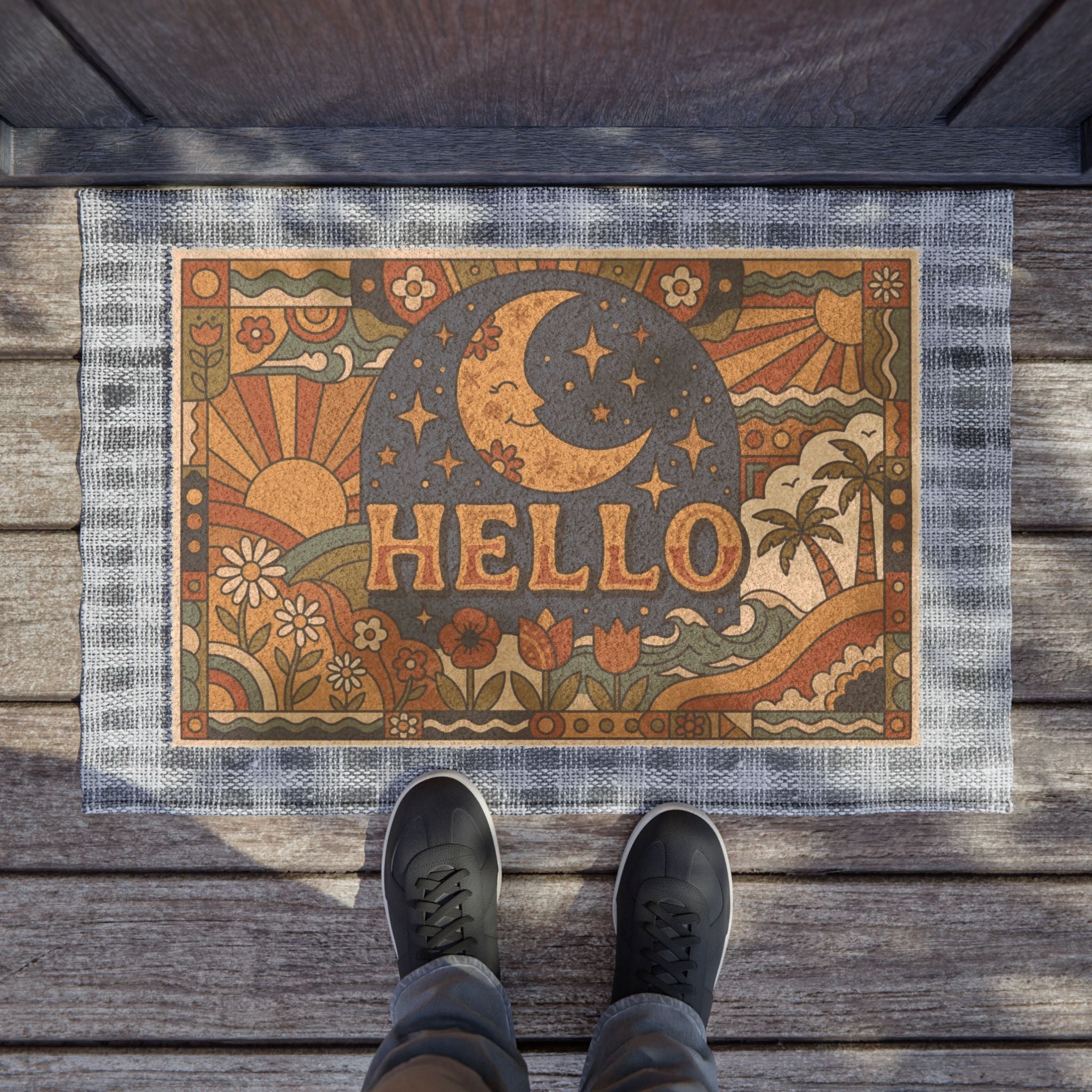Groovy Retro Golden Moon Hello Doormat