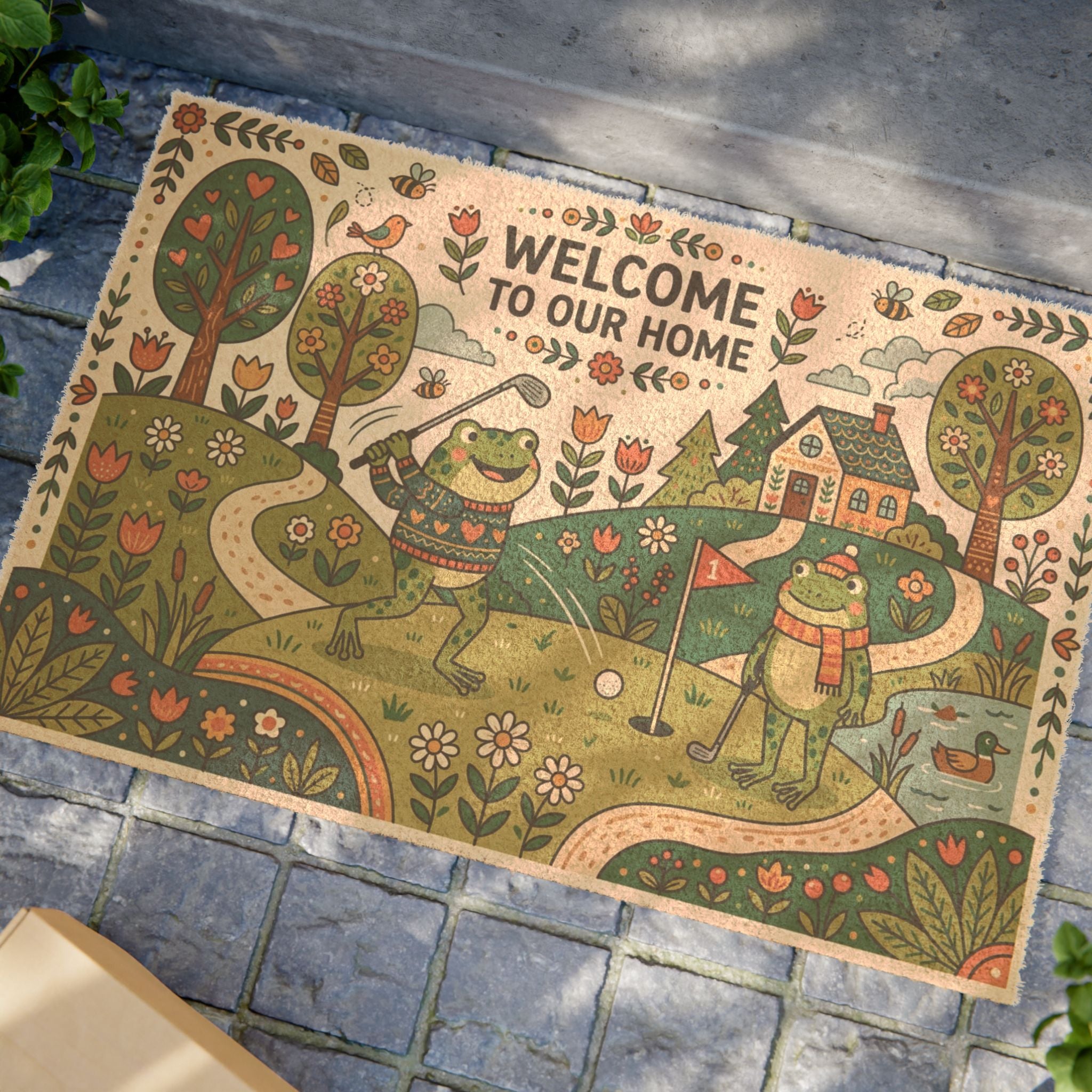 Nordic Folk Art Golfing Frogs Welcome Mat