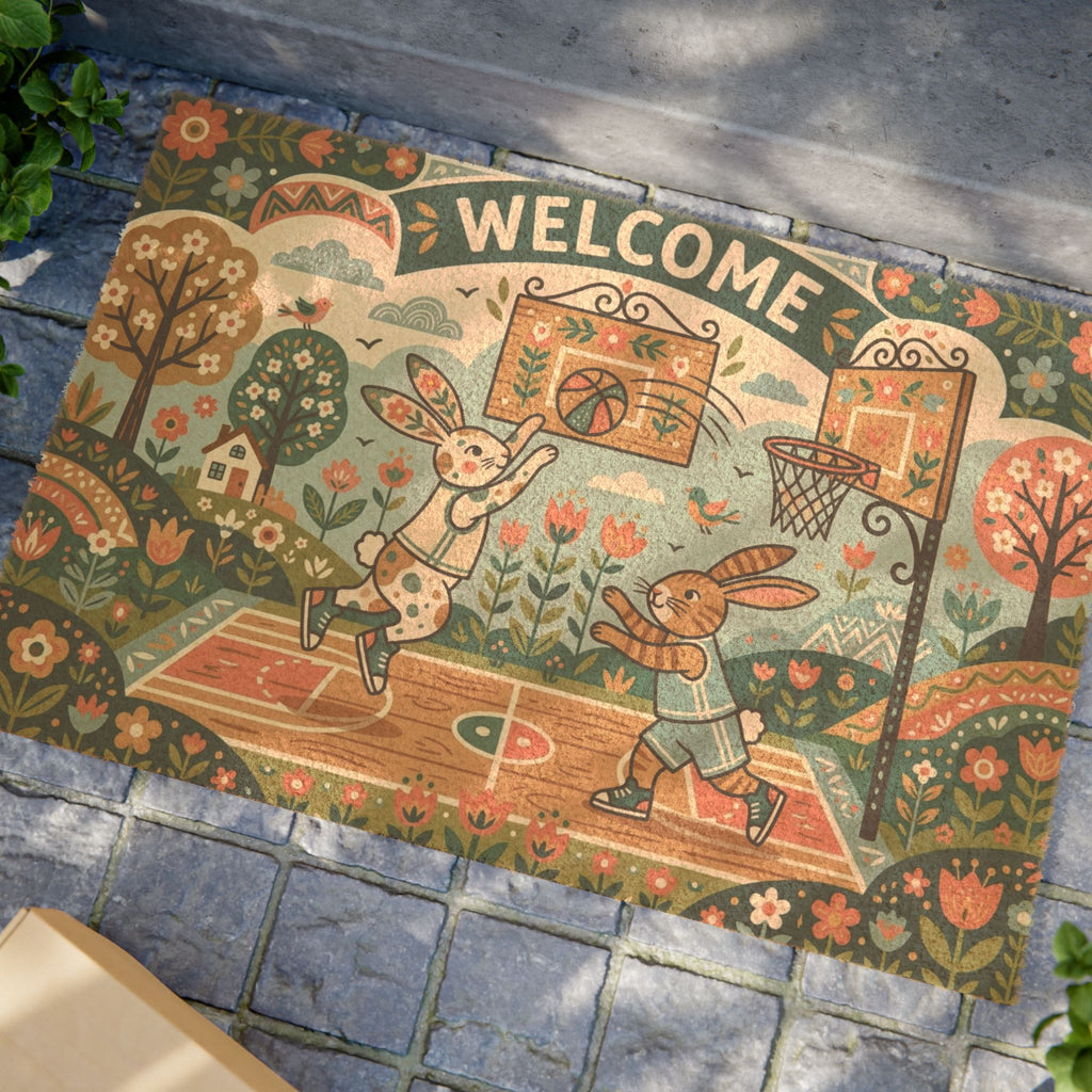 Nordic Spring Hoops Bunnies Welcome Doormat