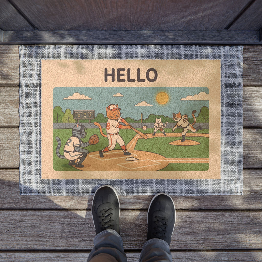 Hello Play Ball Cute Cats Baseball Doormat