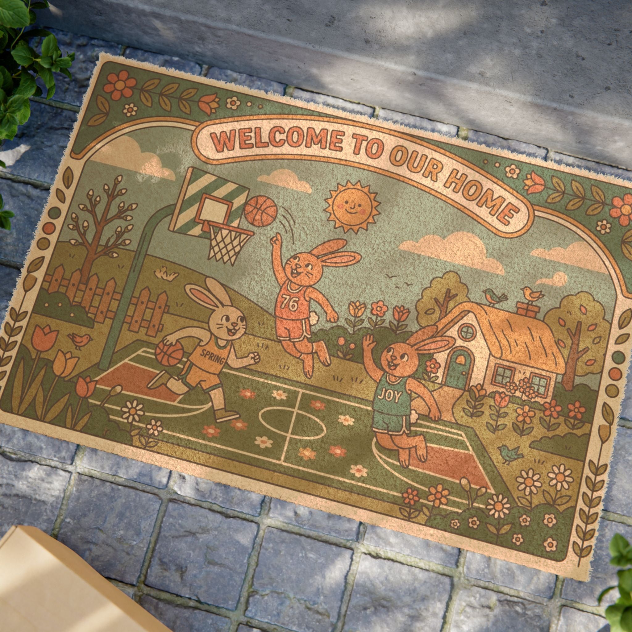 Groovy Hoops Spring Bunnies Welcome Doormat