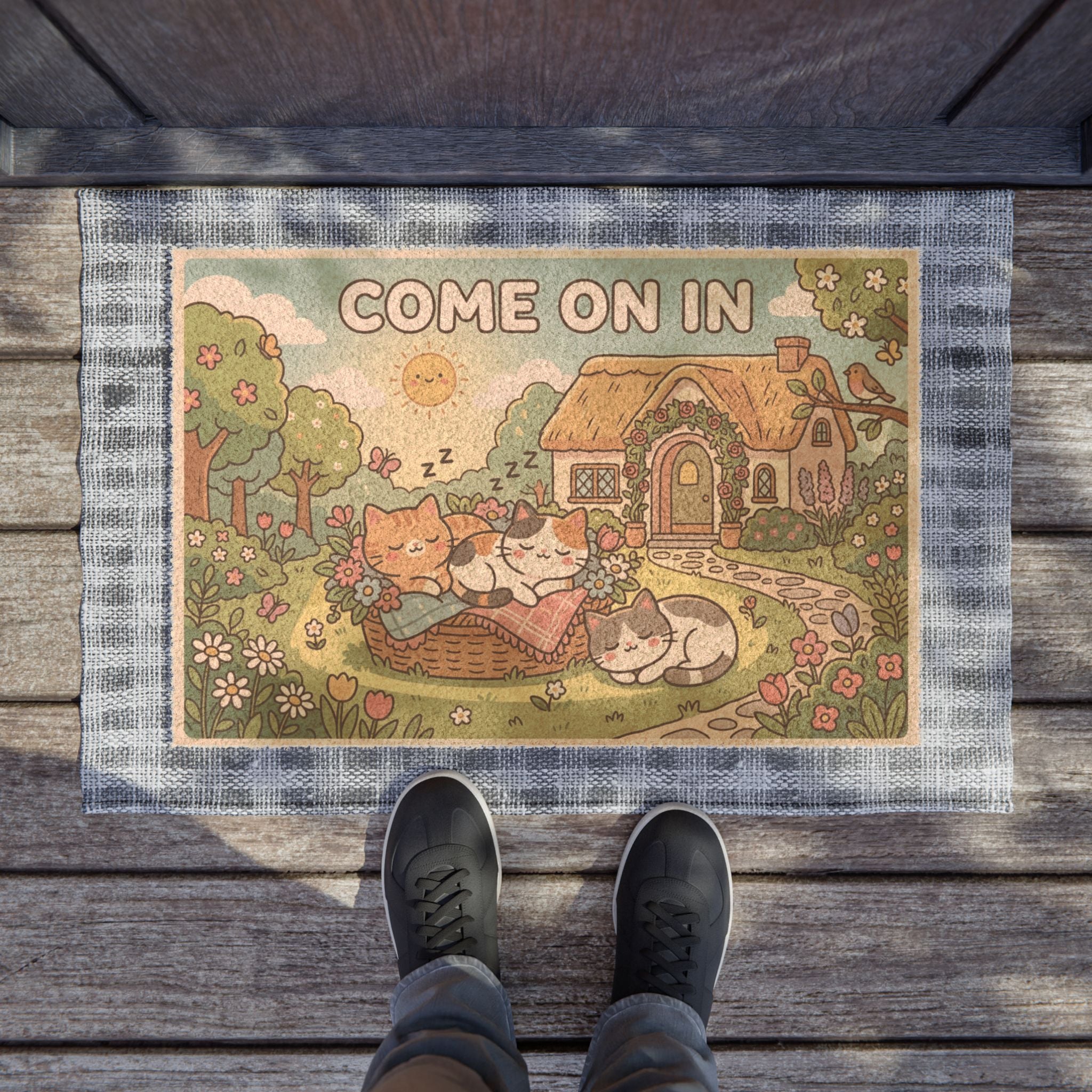 Kawaii Garden Kittens Come On In Doormat