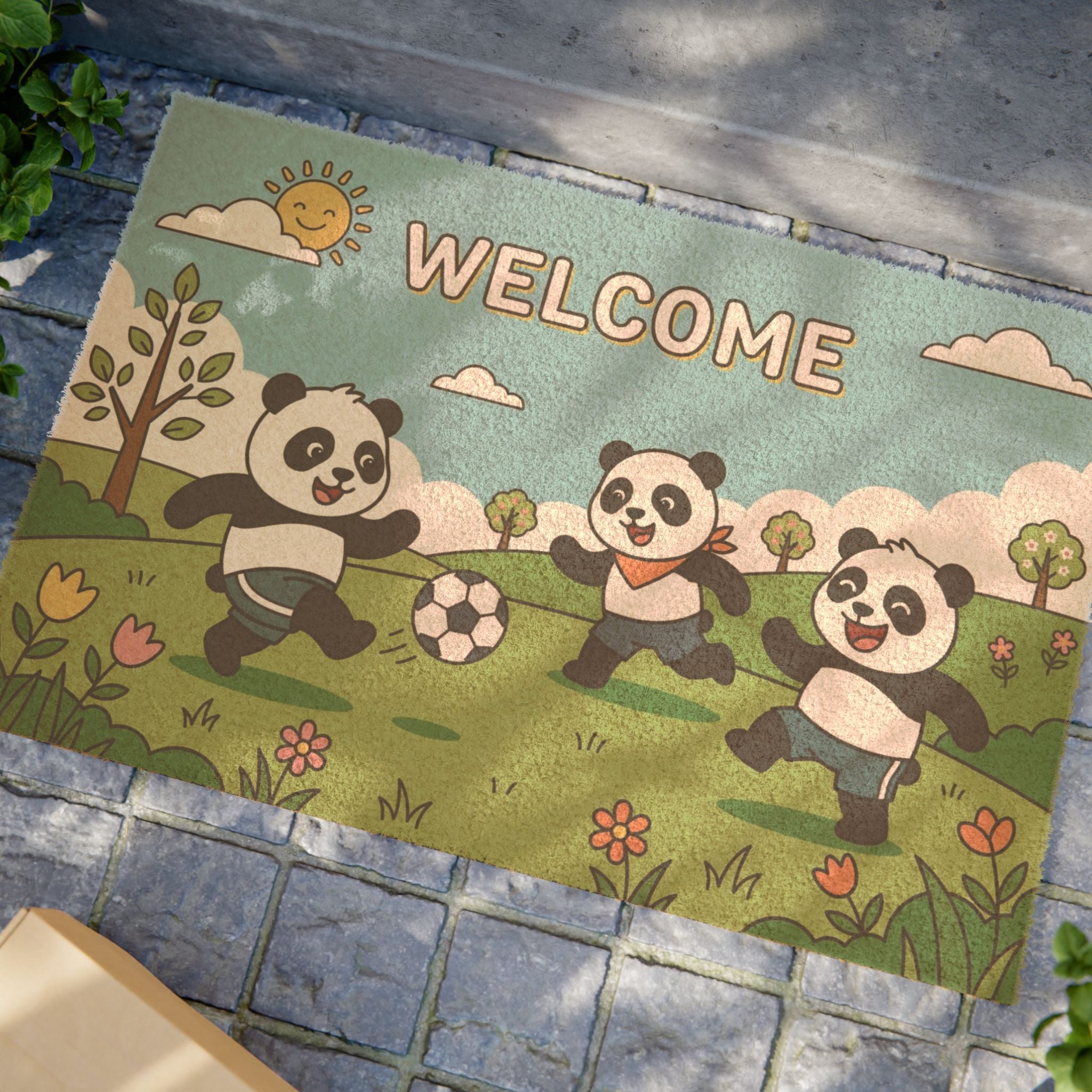 Playful Pandas Soccer Welcome Mat