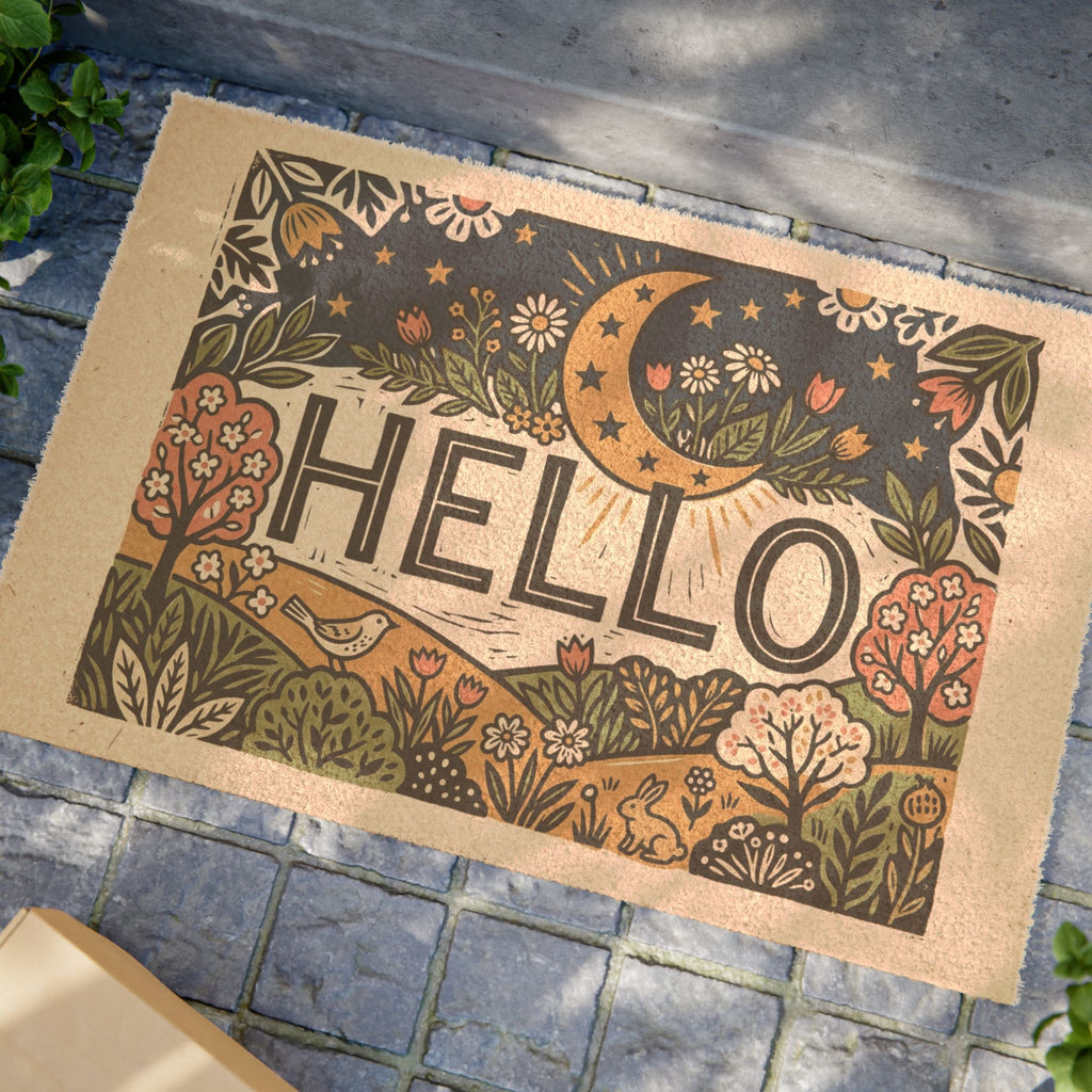 Celestial Folk Art Spring Hello Doormat