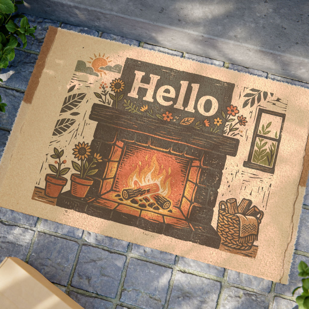 Cozy Sunny Hearth Hello Linocut Art Print