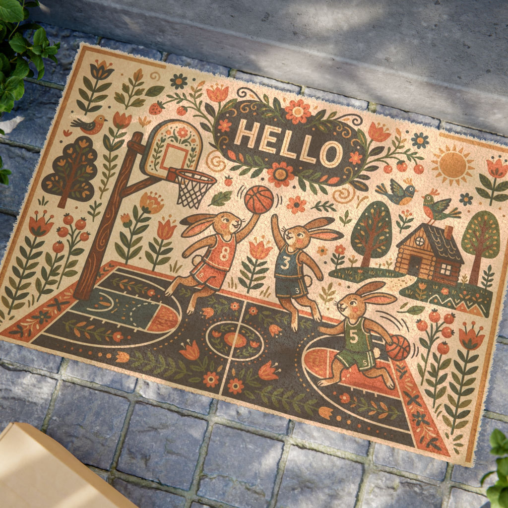Retro Folk Art Basketball Bunnies Doormat