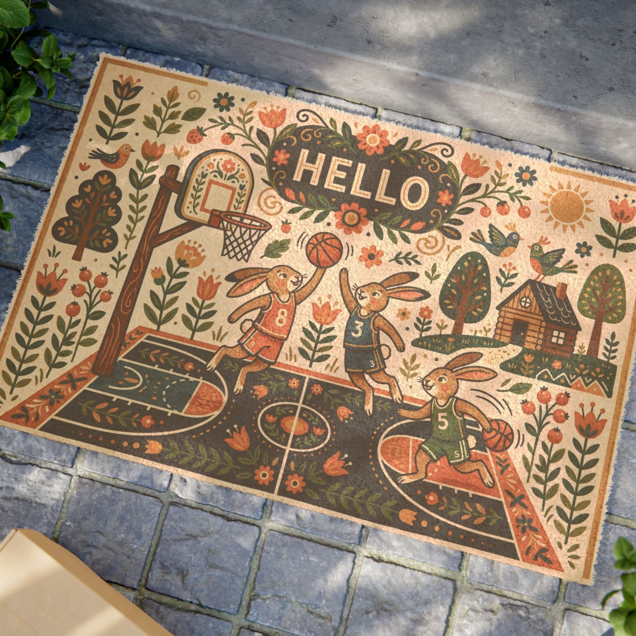 Retro Folk Art Basketball Bunnies Doormat