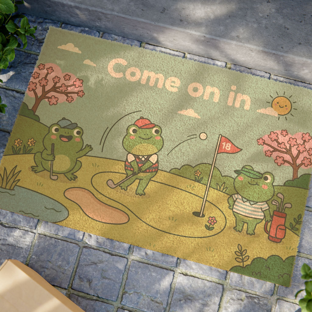 Springtime Golfing Frogs Welcome Mat