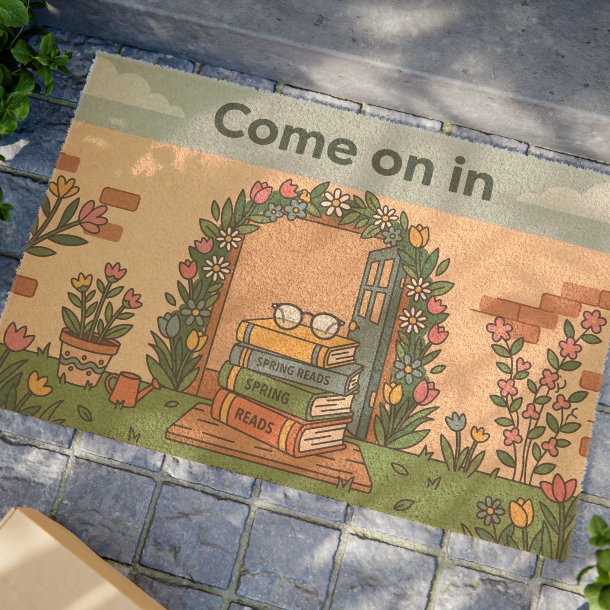 Spring Bookworm Welcome Doormat