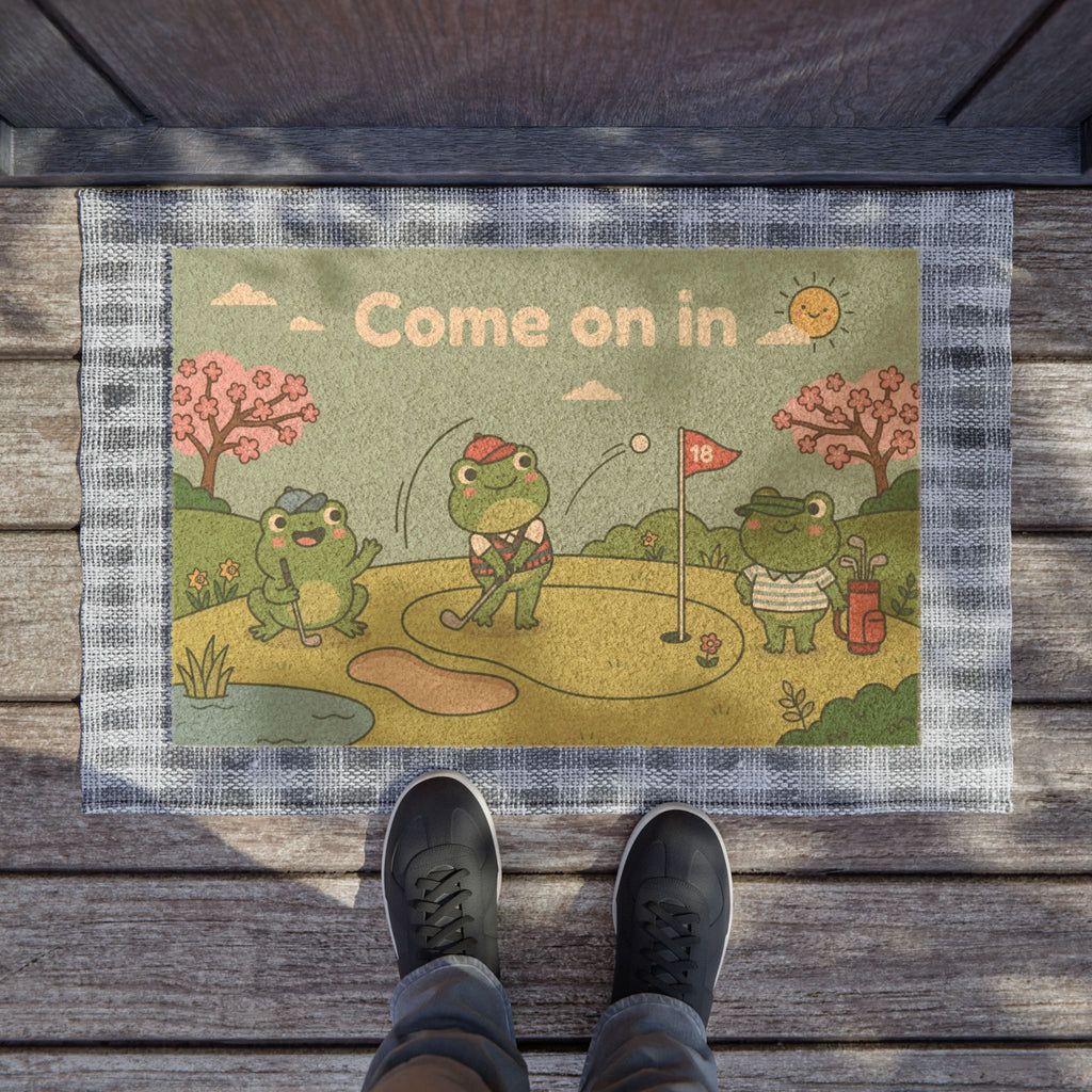 Springtime Golfing Frogs Welcome Mat