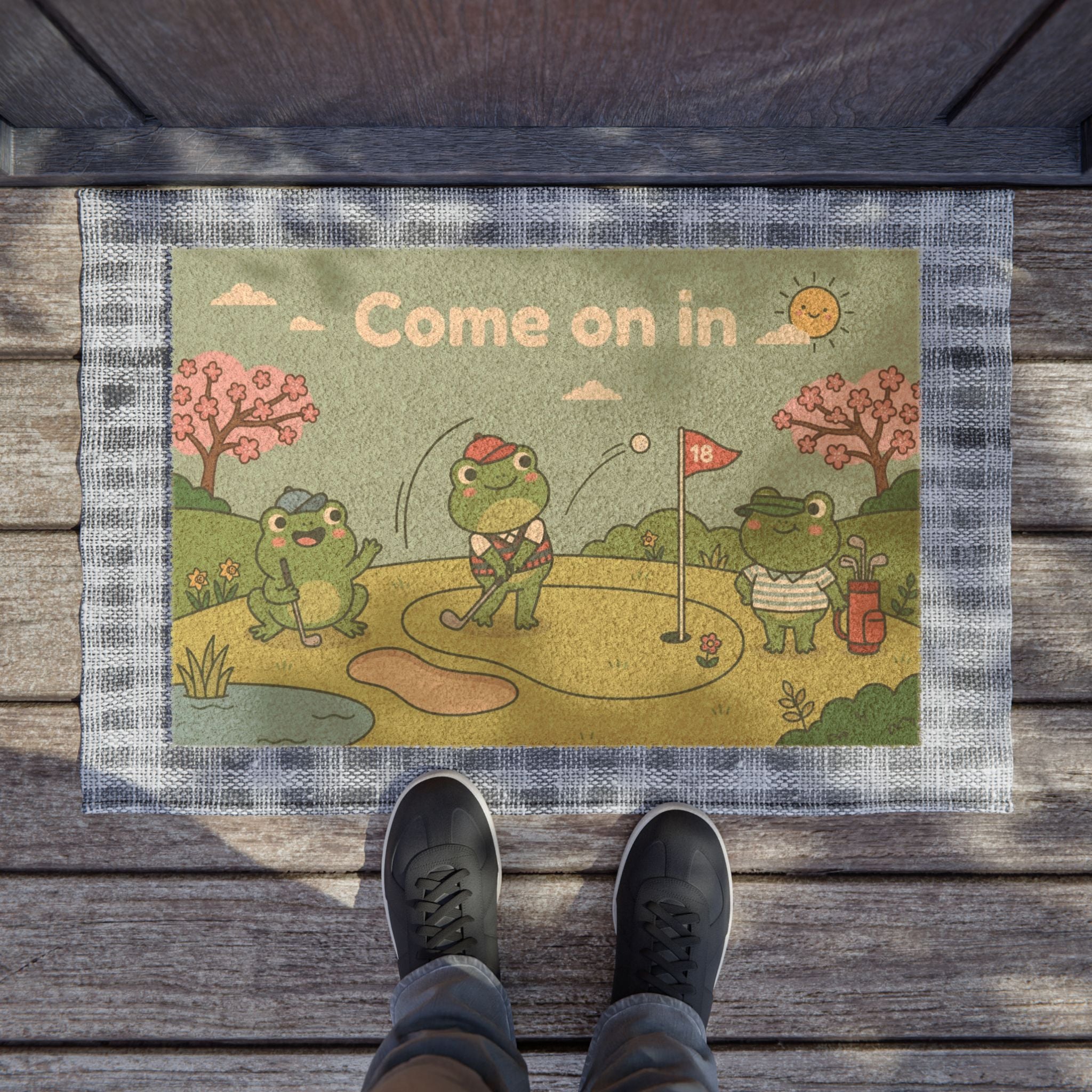 Springtime Golfing Frogs Welcome Mat
