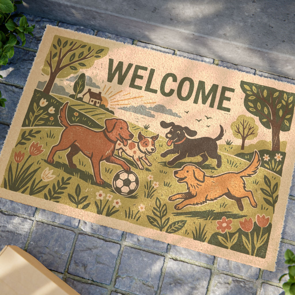 Playful Pups Blockprint Welcome Doormat