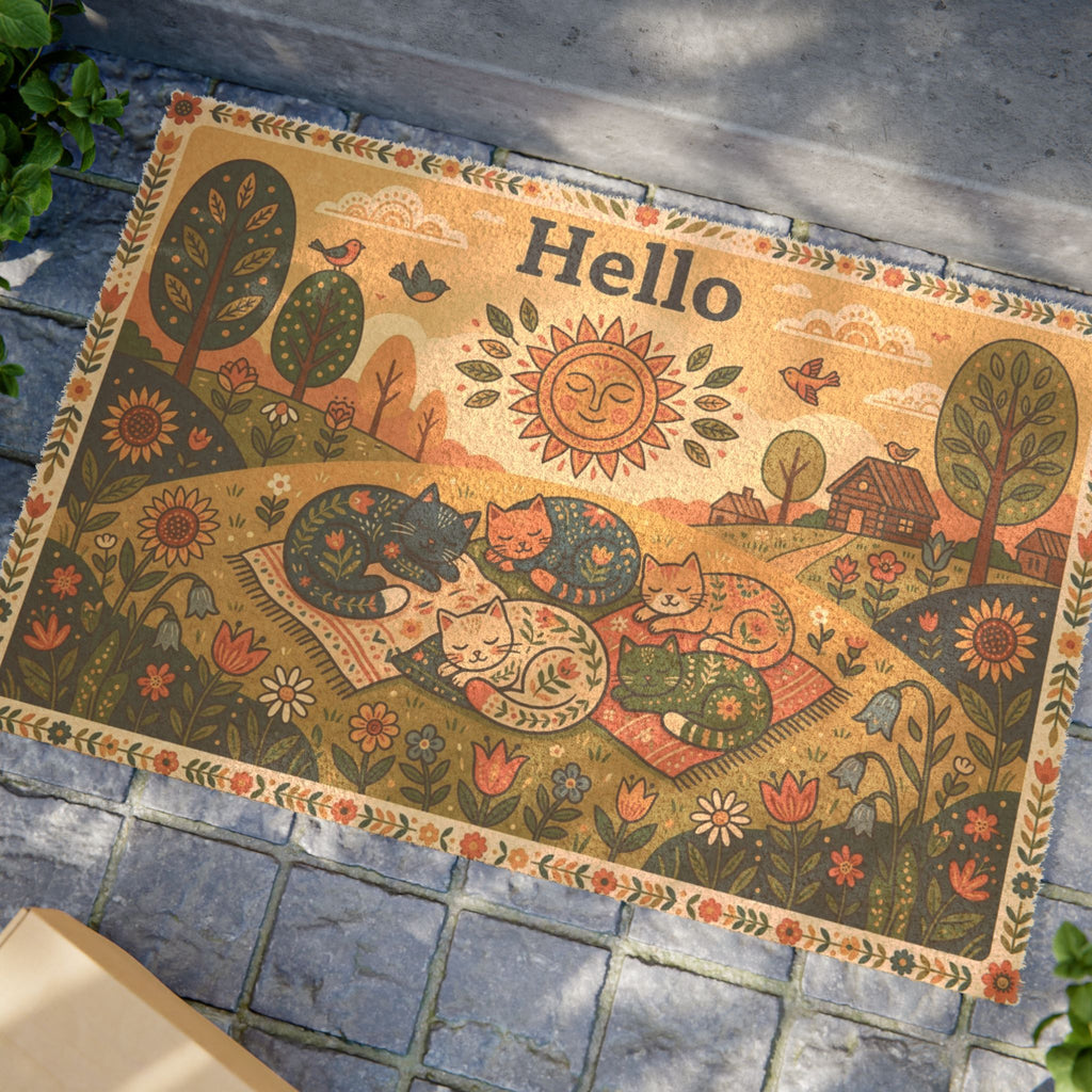 Retro Folk Art Cozy Sleeping Cats Hello Doormat